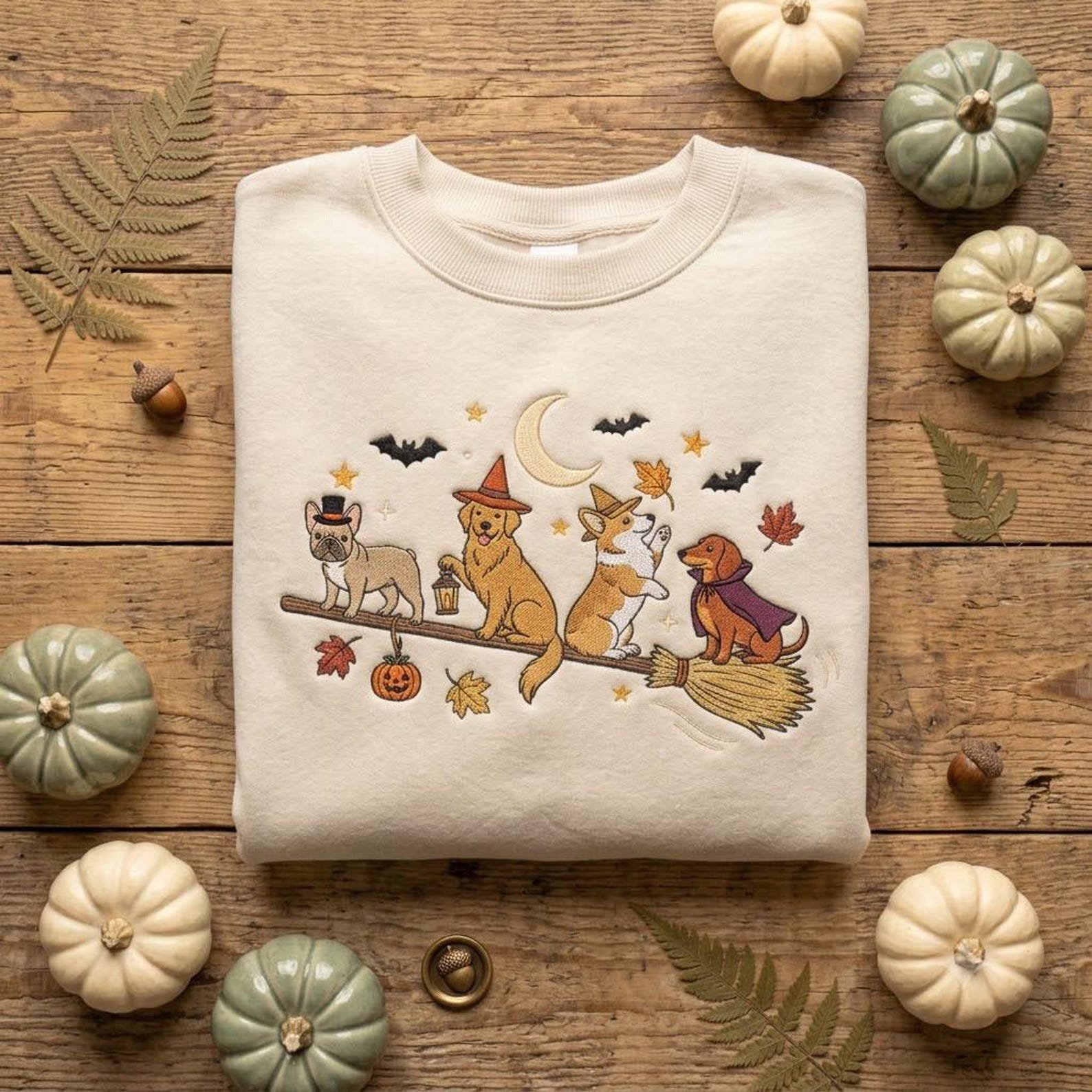 Embroidered Spooky Dogs Sweatshirt, Halloween Witch Pet Pullover, Cute Fall Dog Lover Gift, Pumpkin Moon and Flying Broom Design Art 2