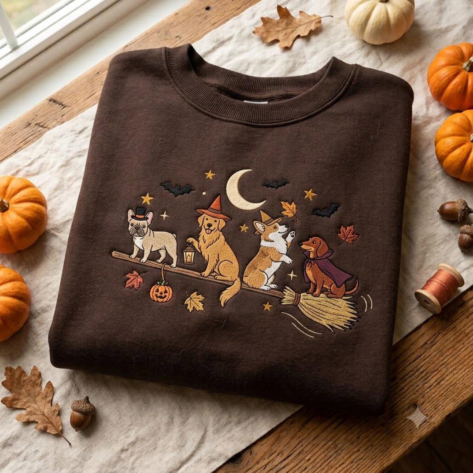 Embroidered Spooky Dogs Sweatshirt, Halloween Witch Pet Pullover, Cute Fall Dog Lover Gift, Pumpkin Moon and Flying Broom Design Art 4