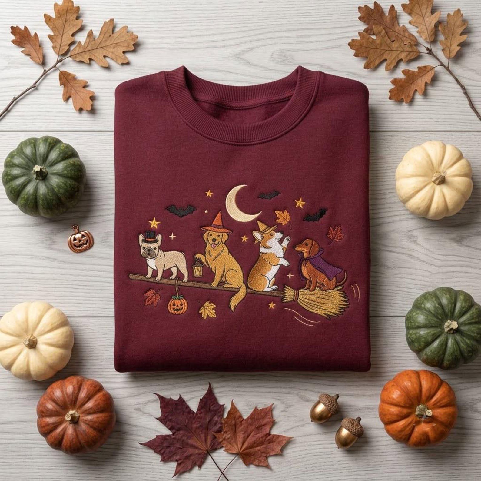 Embroidered Spooky Dogs Sweatshirt, Halloween Witch Pet Pullover, Cute Fall Dog Lover Gift, Pumpkin Moon and Flying Broom Design Art 5