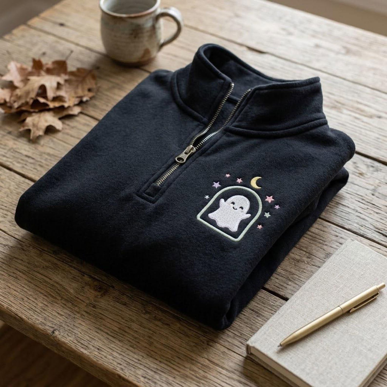 Cute Ghost Quarter Zip Sweatshirt, Embroidered Halloween Pullover, Minimal Boo Ghost Design, Cozy Fall Spooky Season Apparel 1