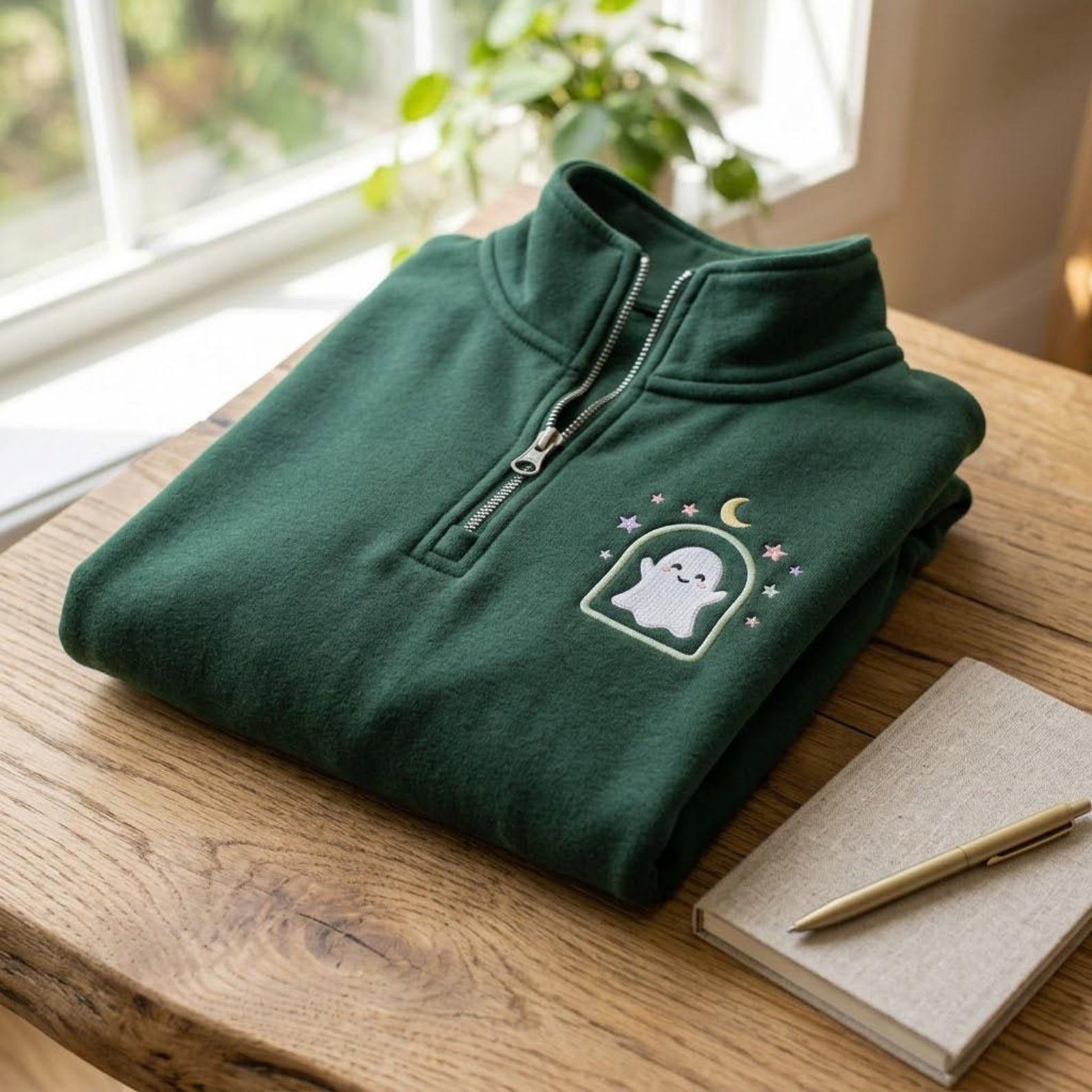 Cute Ghost Quarter Zip Sweatshirt, Embroidered Halloween Pullover, Minimal Boo Ghost Design, Cozy Fall Spooky Season Apparel 3