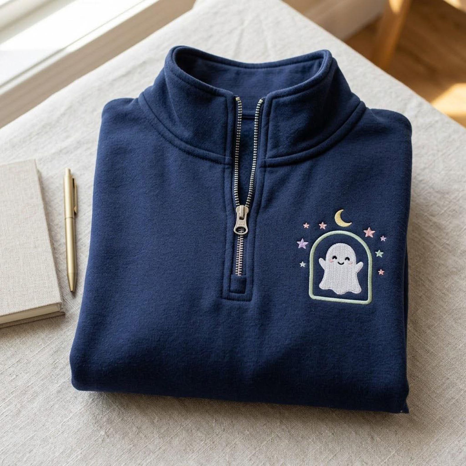Cute Ghost Quarter Zip Sweatshirt, Embroidered Halloween Pullover, Minimal Boo Ghost Design, Cozy Fall Spooky Season Apparel 2