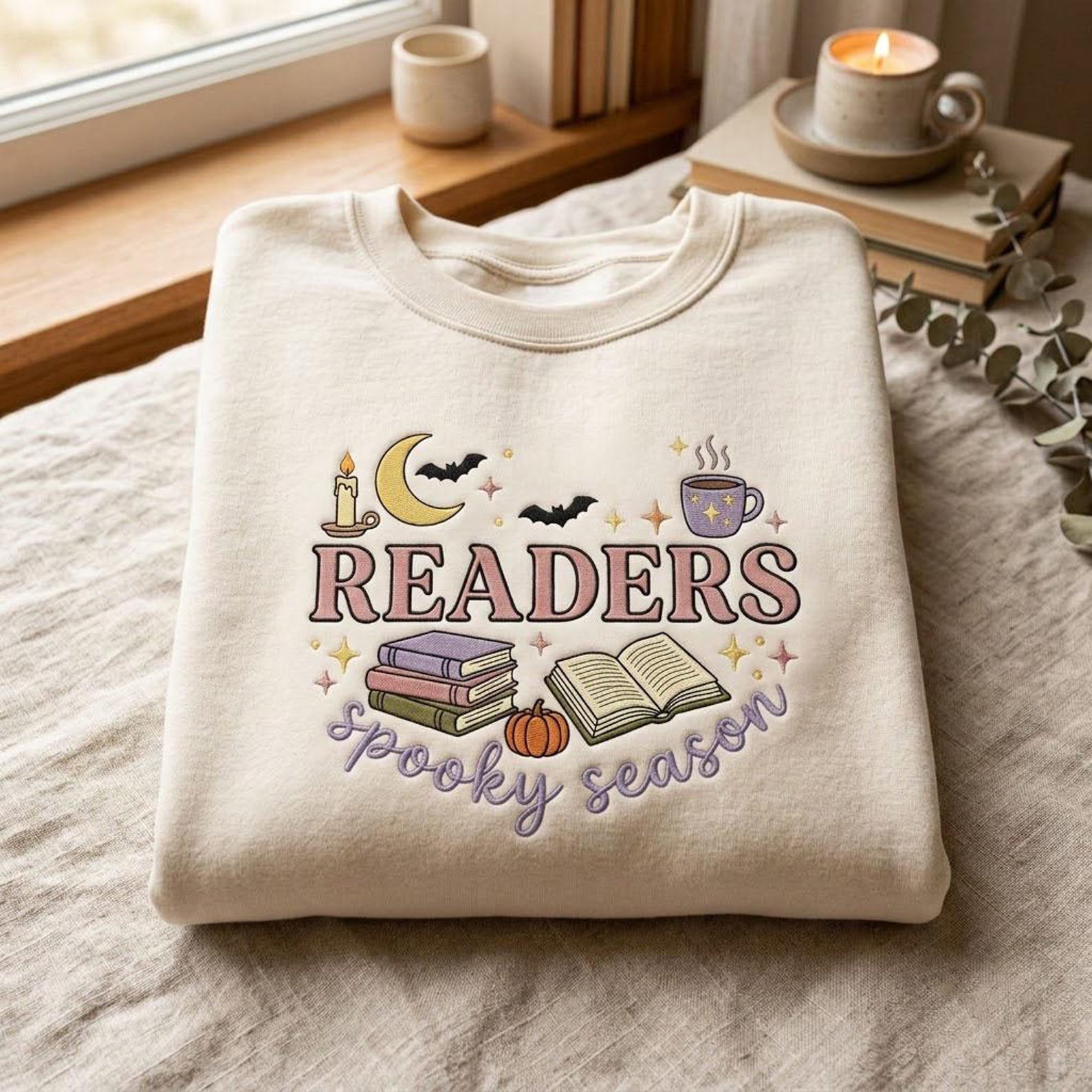 Book Lover Halloween Sweatshirt, Readers Spooky Season Embroidery, Cozy Autumn Reading Shirt, Pumpkin Moon Bat Gift Idea 3