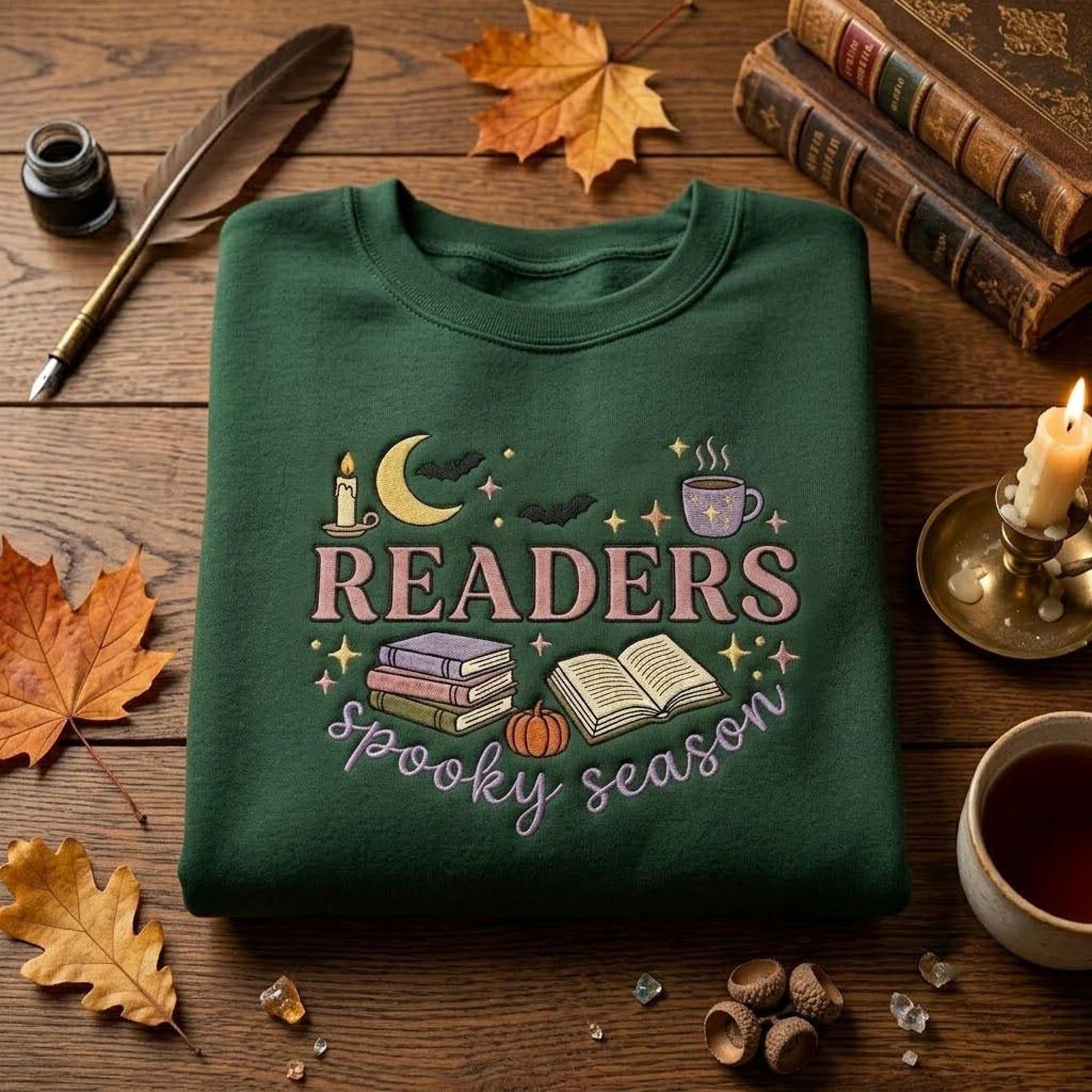 Book Lover Halloween Sweatshirt, Readers Spooky Season Embroidery, Cozy Autumn Reading Shirt, Pumpkin Moon Bat Gift Idea 2