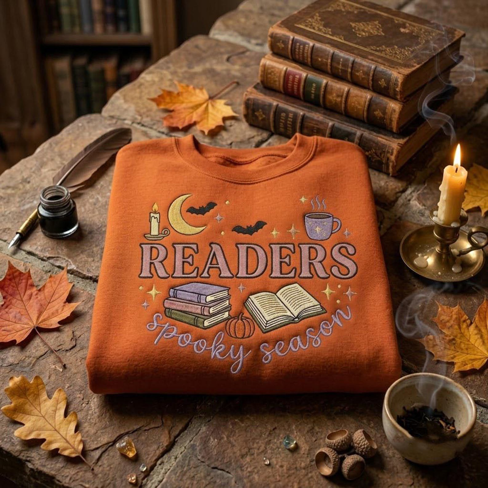 Book Lover Halloween Sweatshirt, Readers Spooky Season Embroidery, Cozy Autumn Reading Shirt, Pumpkin Moon Bat Gift Idea 1
