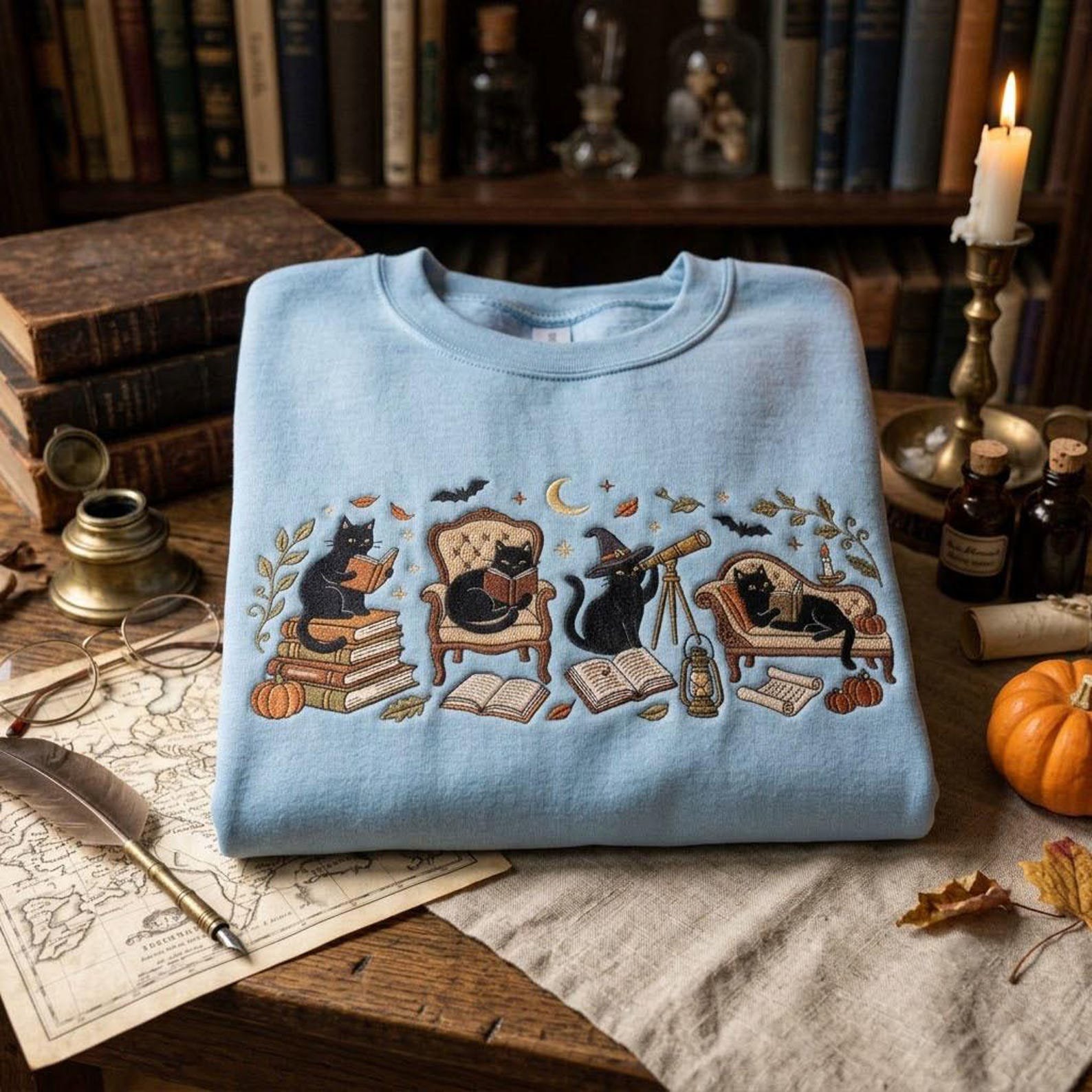Bookish Cat Embroidered Sweatshirt, Halloween Reading Crewneck, Cozy Autumn Library Shirt, Black Cat Lover Gift, Spooky Season Top 1