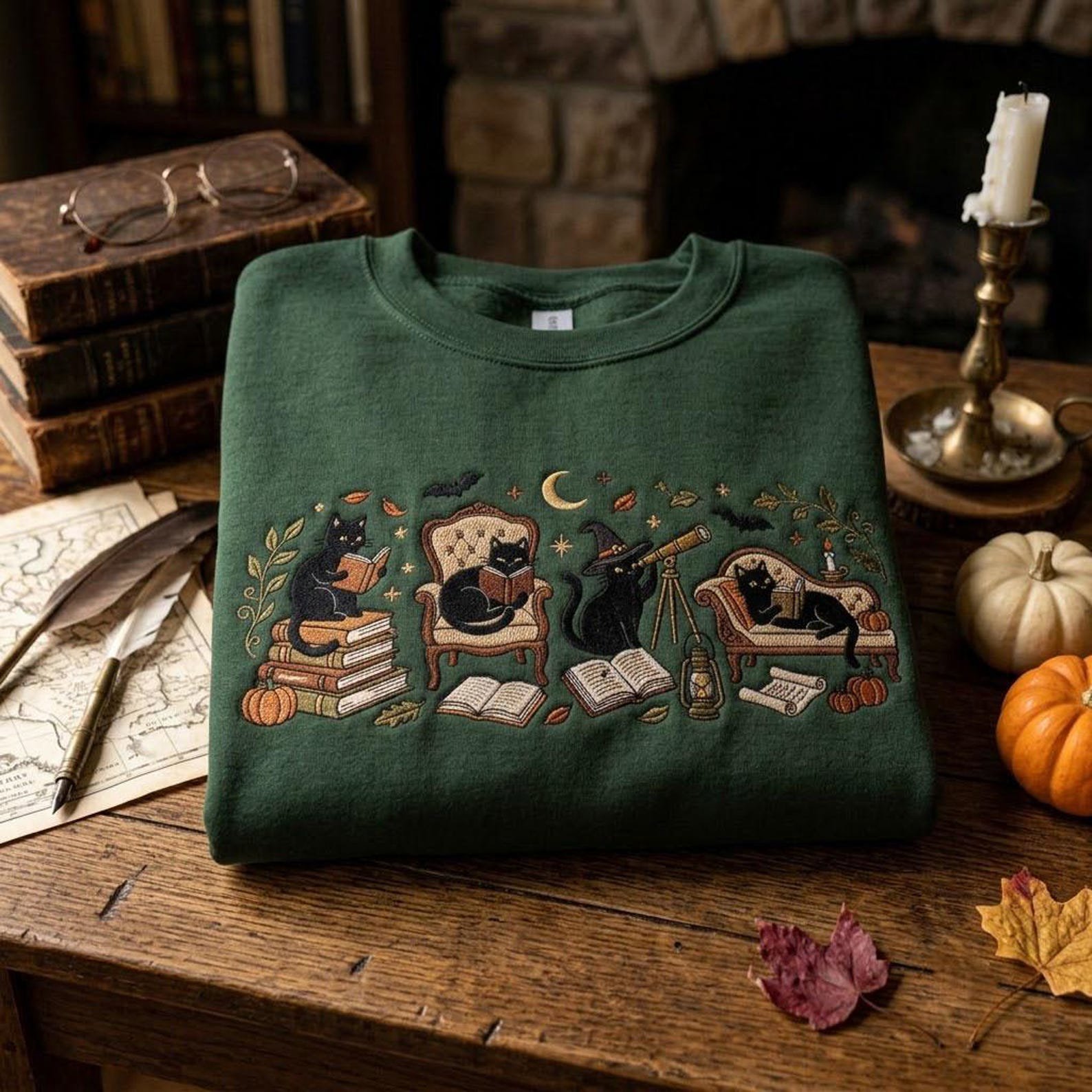 Bookish Cat Embroidered Sweatshirt, Halloween Reading Crewneck, Cozy Autumn Library Shirt, Black Cat Lover Gift, Spooky Season Top 2