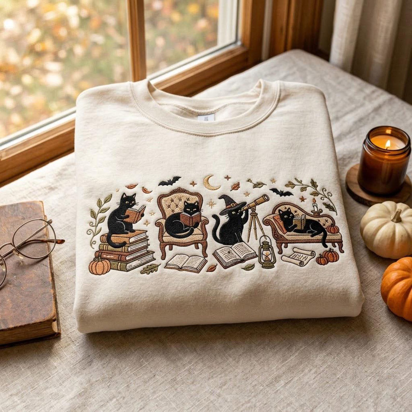 Bookish Cat Embroidered Sweatshirt, Halloween Reading Crewneck, Cozy Autumn Library Shirt, Black Cat Lover Gift, Spooky Season Top 3