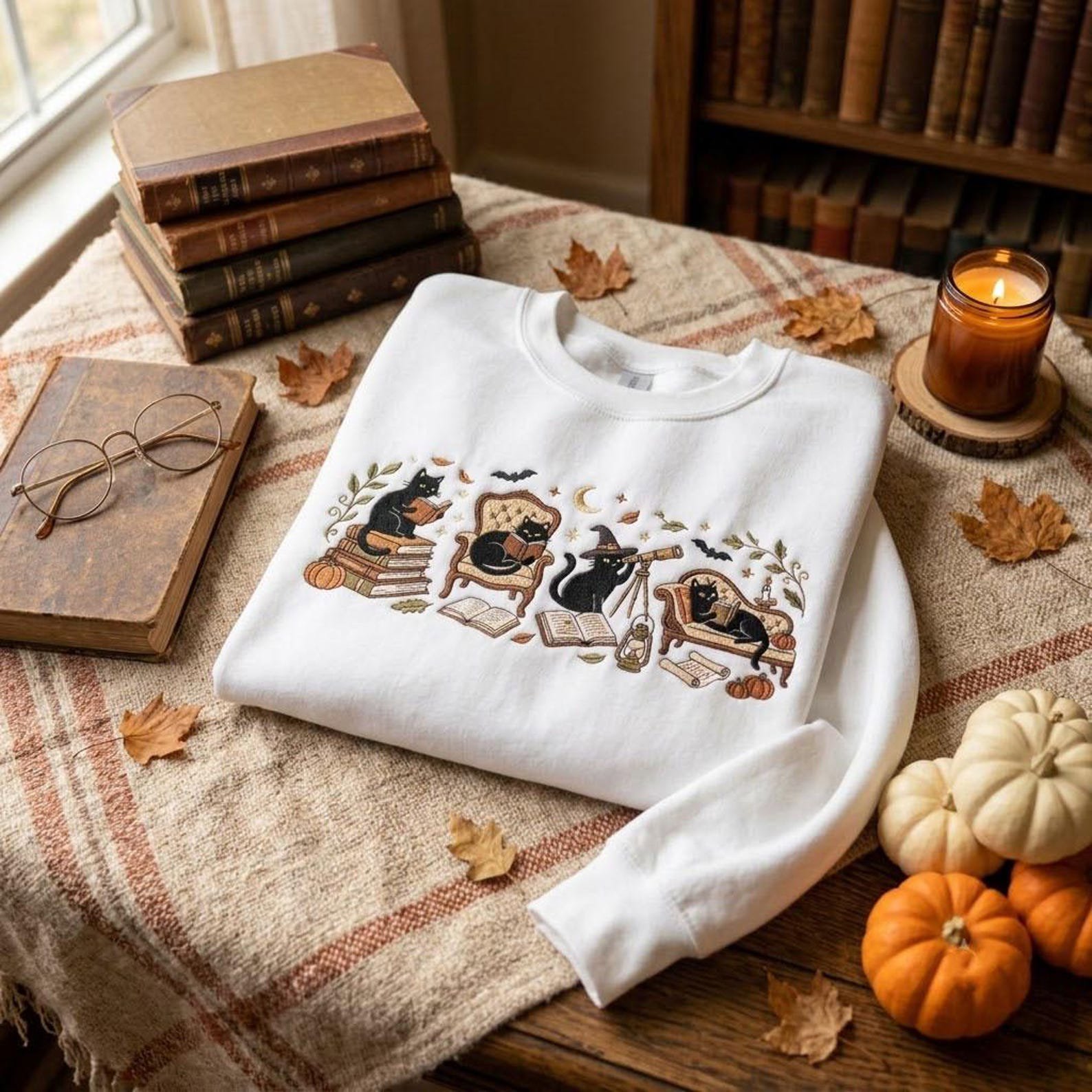Bookish Cat Embroidered Sweatshirt, Halloween Reading Crewneck, Cozy Autumn Library Shirt, Black Cat Lover Gift, Spooky Season Top 4