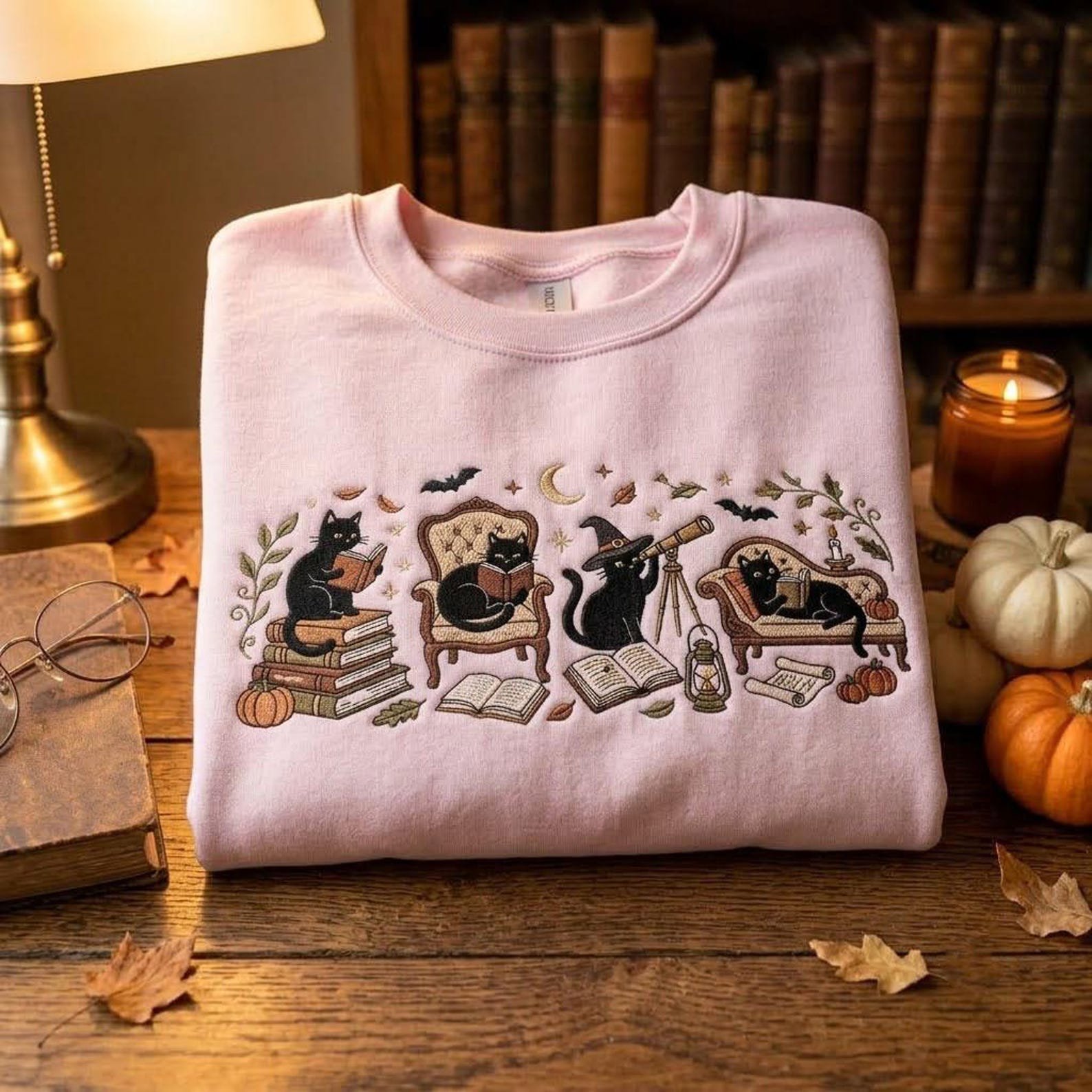Bookish Cat Embroidered Sweatshirt, Halloween Reading Crewneck, Cozy Autumn Library Shirt, Black Cat Lover Gift, Spooky Season Top 5