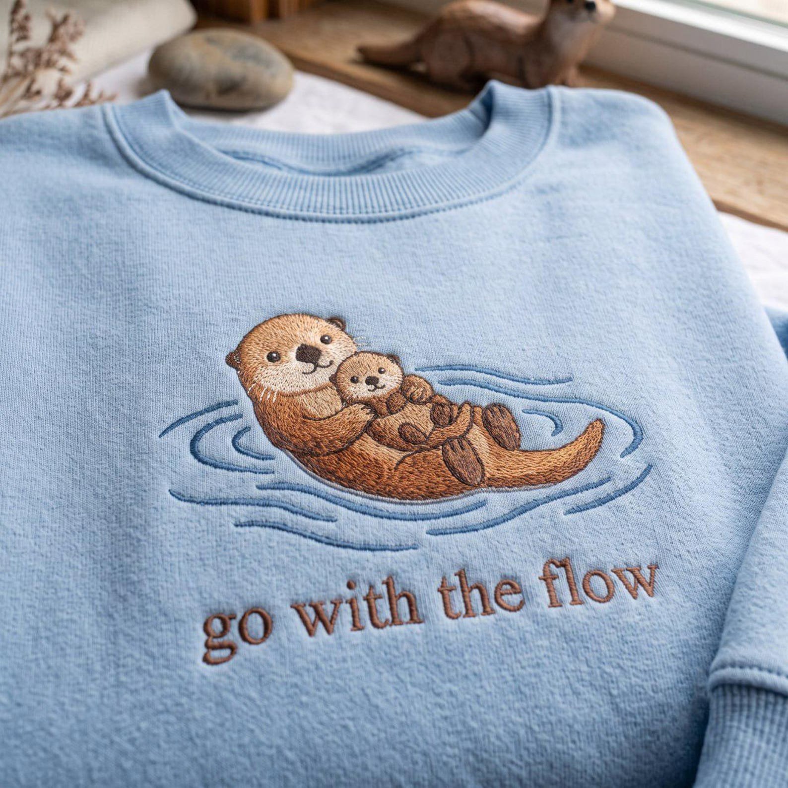 Embroidered Go With The Flow Shirt, Coastal Beach Vibes, Cute Otter Vintage Shirt, Nature Lover Gift, Ocean Life Apparel 3