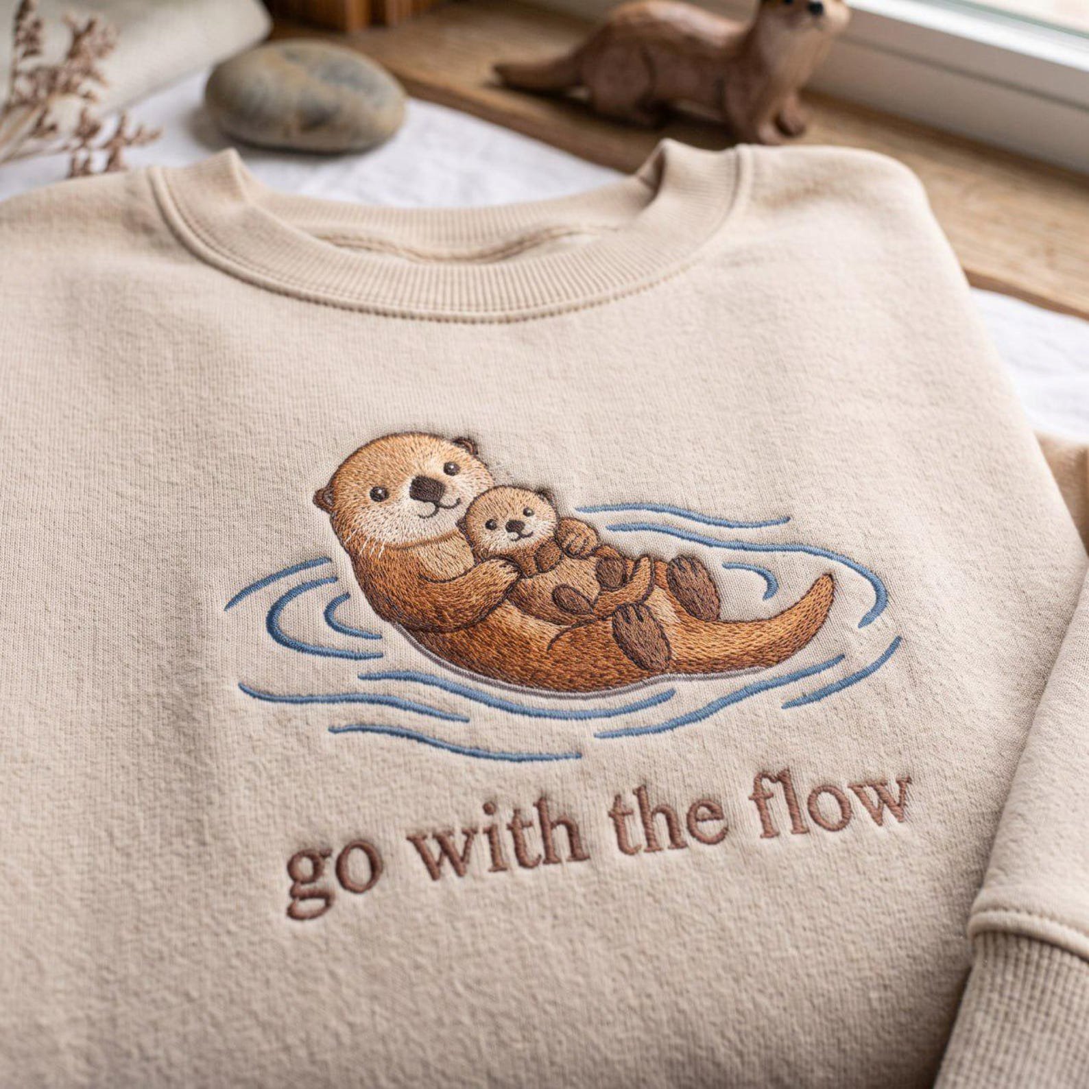 Embroidered Go With The Flow Shirt, Coastal Beach Vibes, Cute Otter Vintage Shirt, Nature Lover Gift, Ocean Life Apparel 2