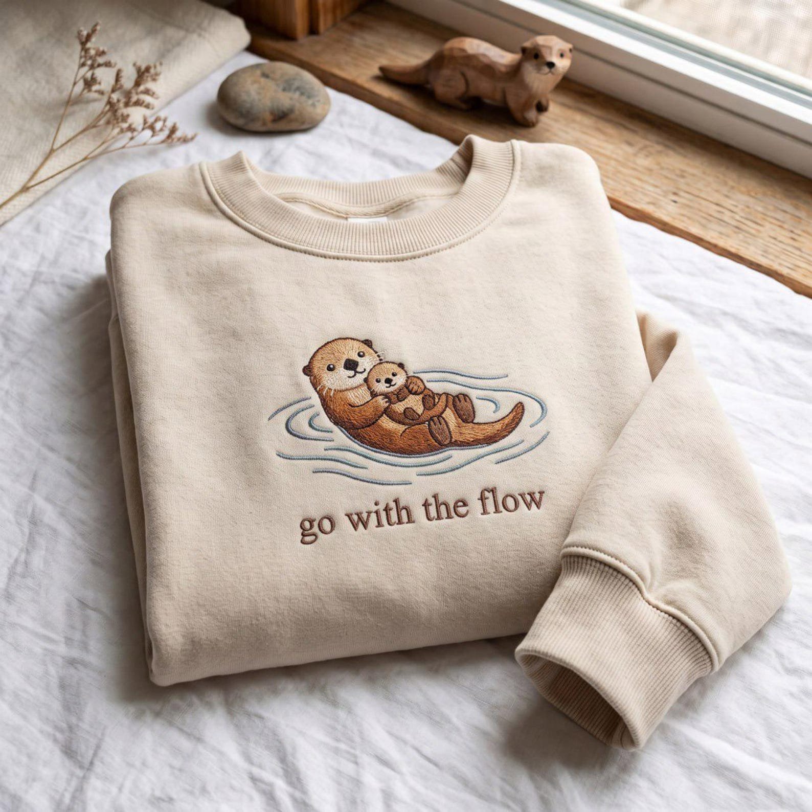 Embroidered Go With The Flow Shirt, Coastal Beach Vibes, Cute Otter Vintage Shirt, Nature Lover Gift, Ocean Life Apparel 5