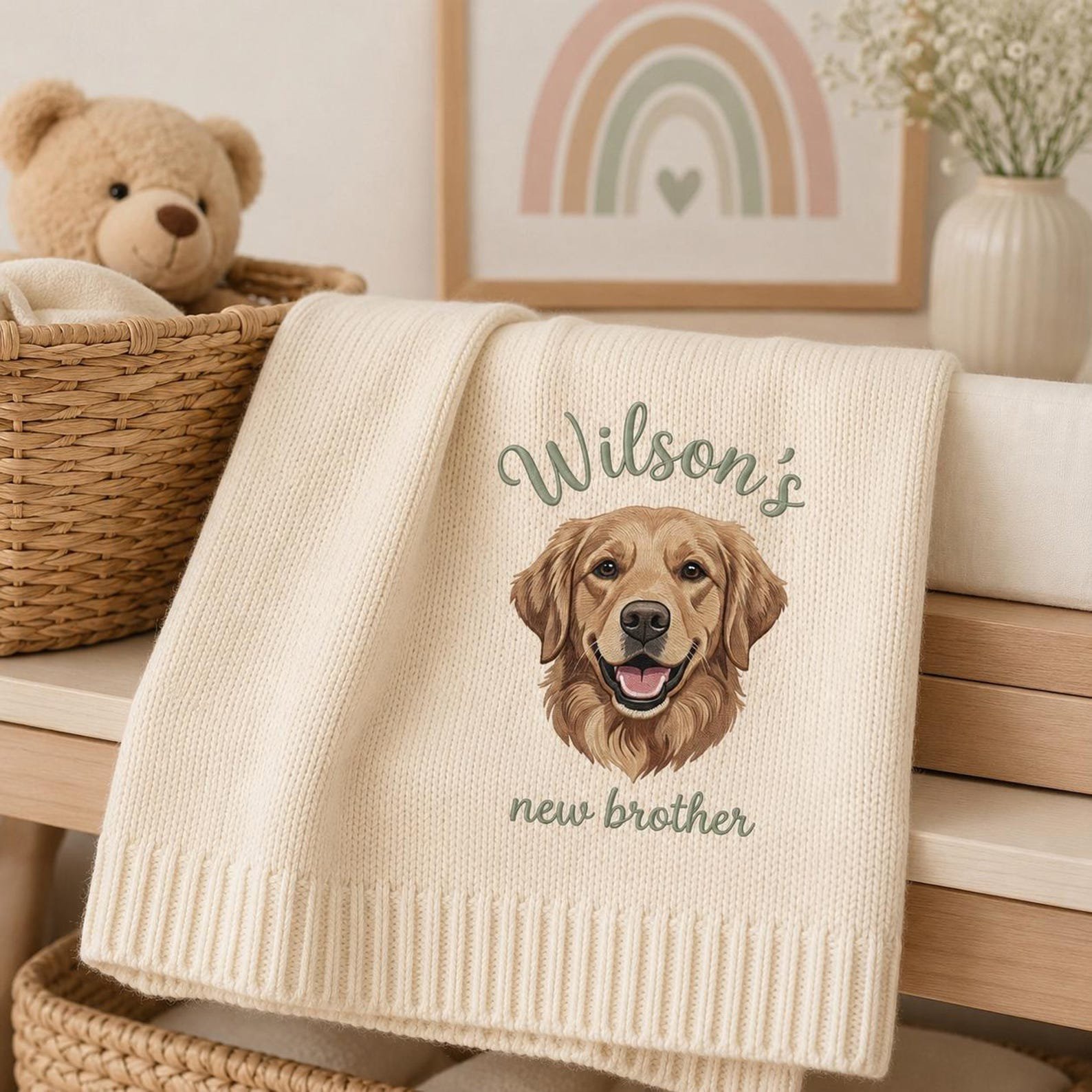 Custom Embroidered Dog Portrait Baby Blanket, Custom Nursery Gift, New Brother Announcement, Golden Retriever Keepsake Gift 3
