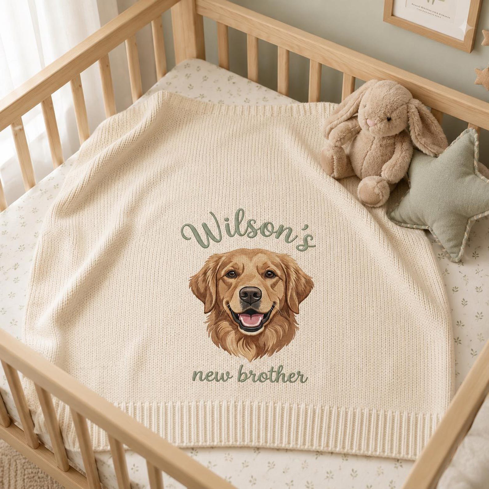 Custom Embroidered Dog Portrait Baby Blanket, Custom Nursery Gift, New Brother Announcement, Golden Retriever Keepsake Gift 1
