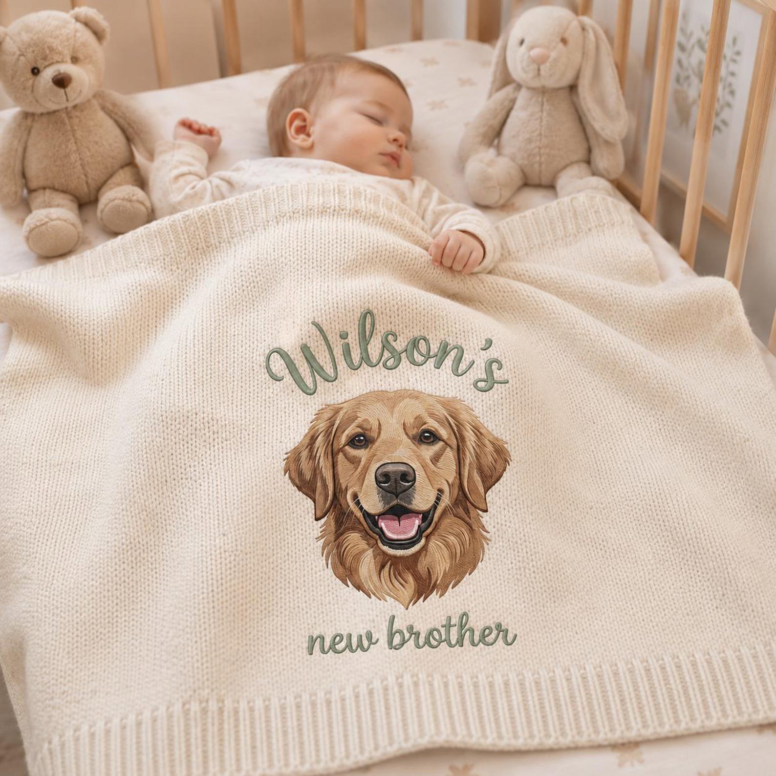 Custom Embroidered Dog Portrait Baby Blanket, Custom Nursery Gift, New Brother Announcement, Golden Retriever Keepsake Gift 2