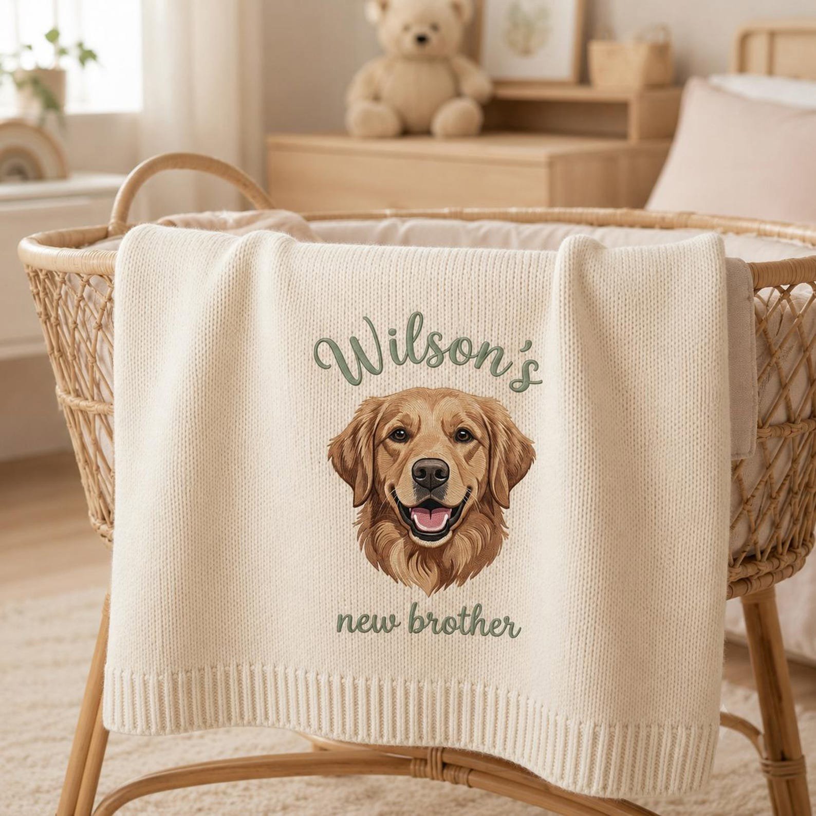 Custom Embroidered Dog Portrait Baby Blanket, Custom Nursery Gift, New Brother Announcement, Golden Retriever Keepsake Gift 4