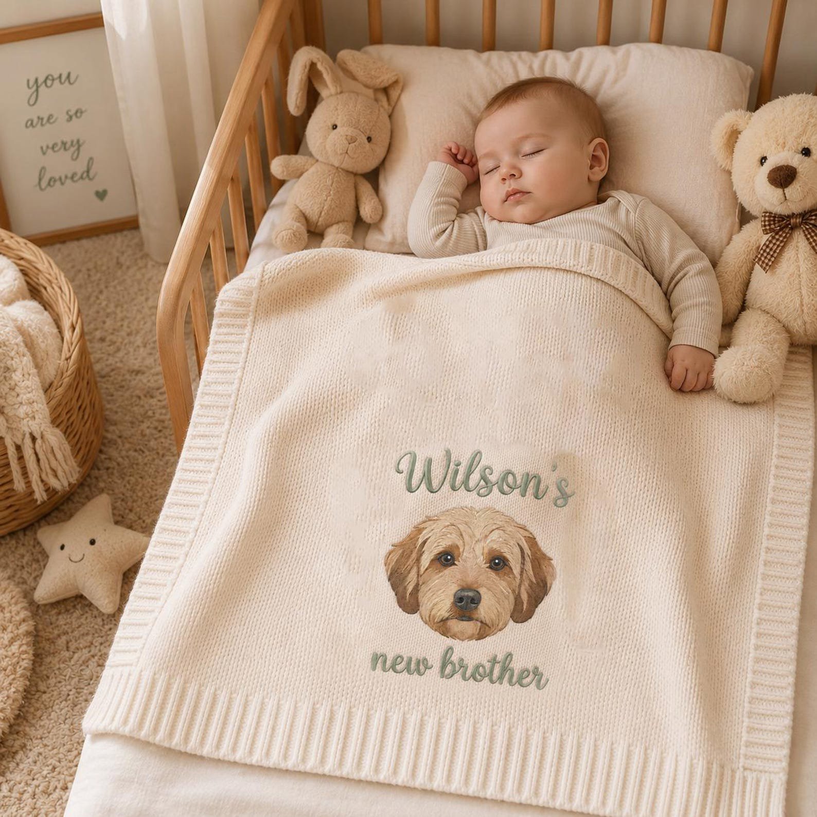Embroidered Custom Pet Portrait Baby Blanket, Pet Keepsake Gift, New Brother Announcement, Custom Nursery Gift, Custom Pet Photo 3