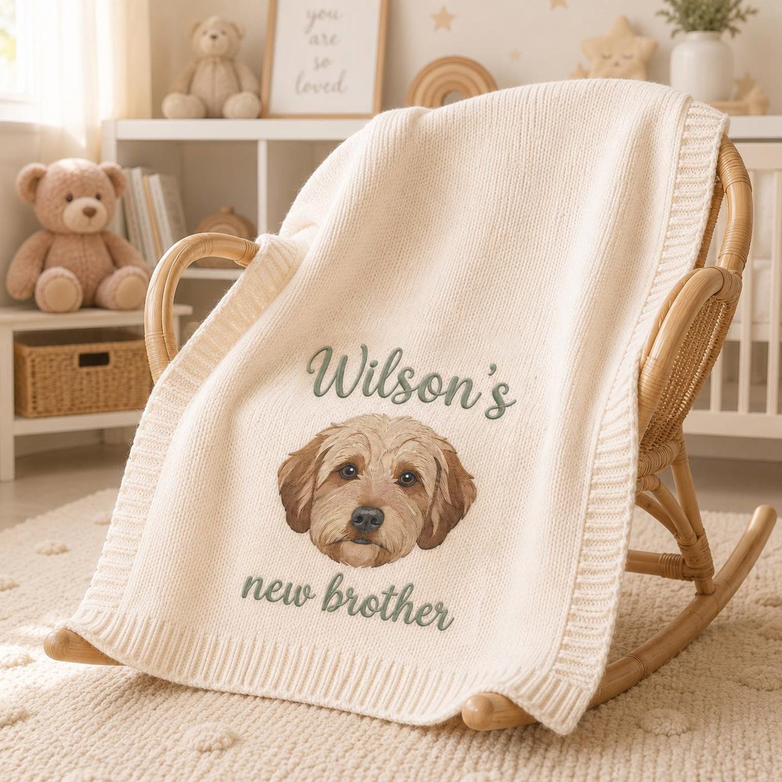 Embroidered Custom Pet Portrait Baby Blanket, Pet Keepsake Gift, New Brother Announcement, Custom Nursery Gift, Custom Pet Photo 2