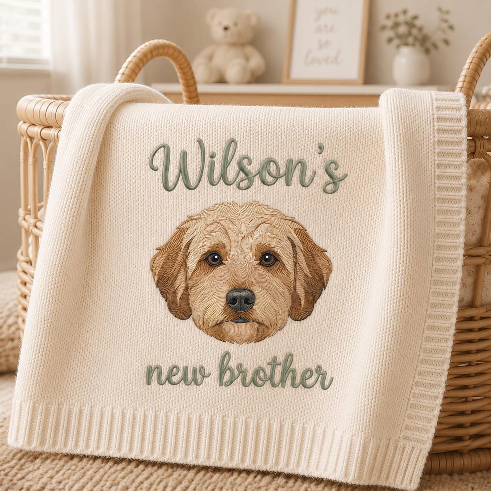 Embroidered Custom Pet Portrait Baby Blanket, Pet Keepsake Gift, New Brother Announcement, Custom Nursery Gift, Custom Pet Photo 1