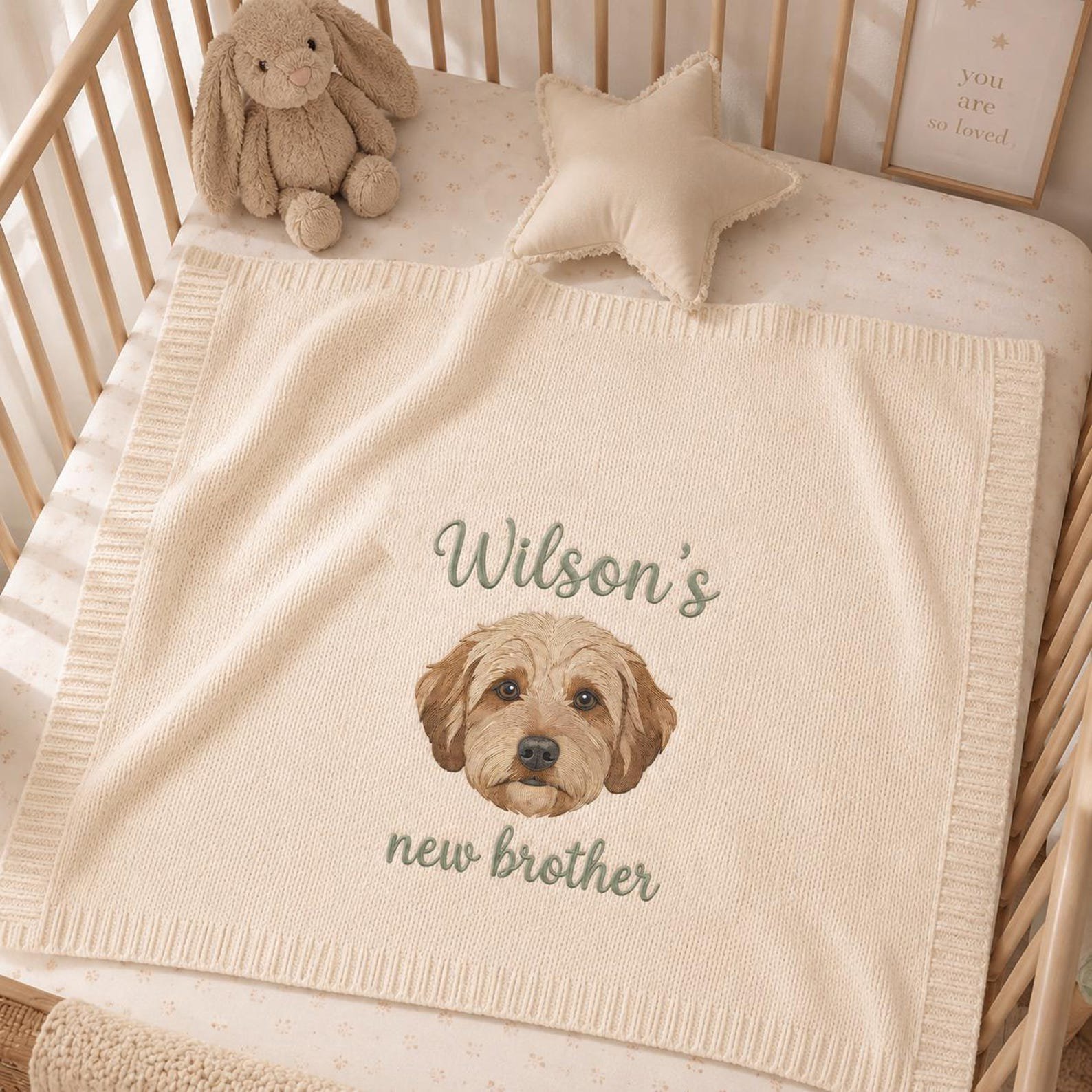 Embroidered Custom Pet Portrait Baby Blanket, Pet Keepsake Gift, New Brother Announcement, Custom Nursery Gift, Custom Pet Photo 4
