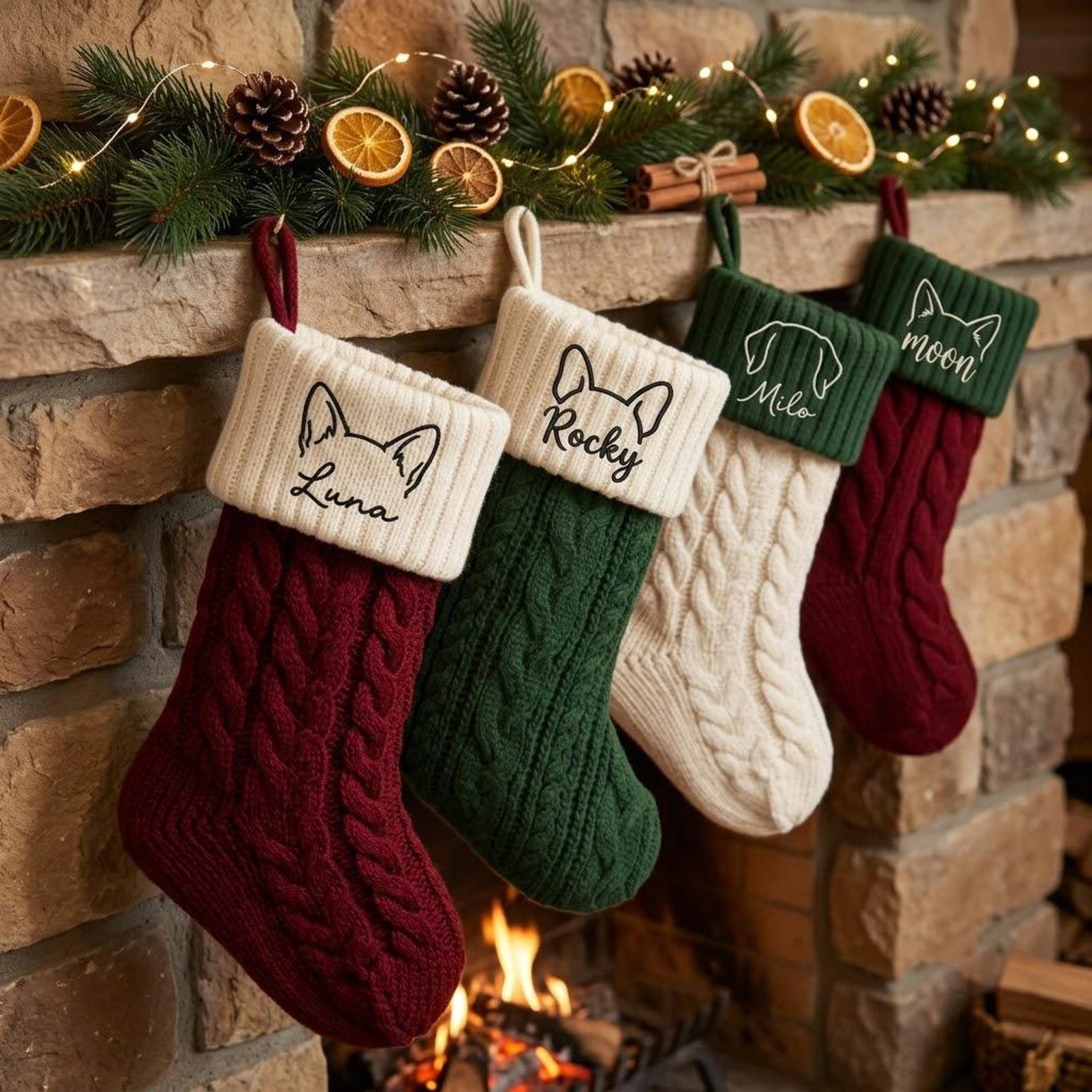 Embroidered Pet Christmas Stocking, Personalized Name with Dog or Cat Ear Outline, Custom Holiday Gift for Pet Owners and Families 1
