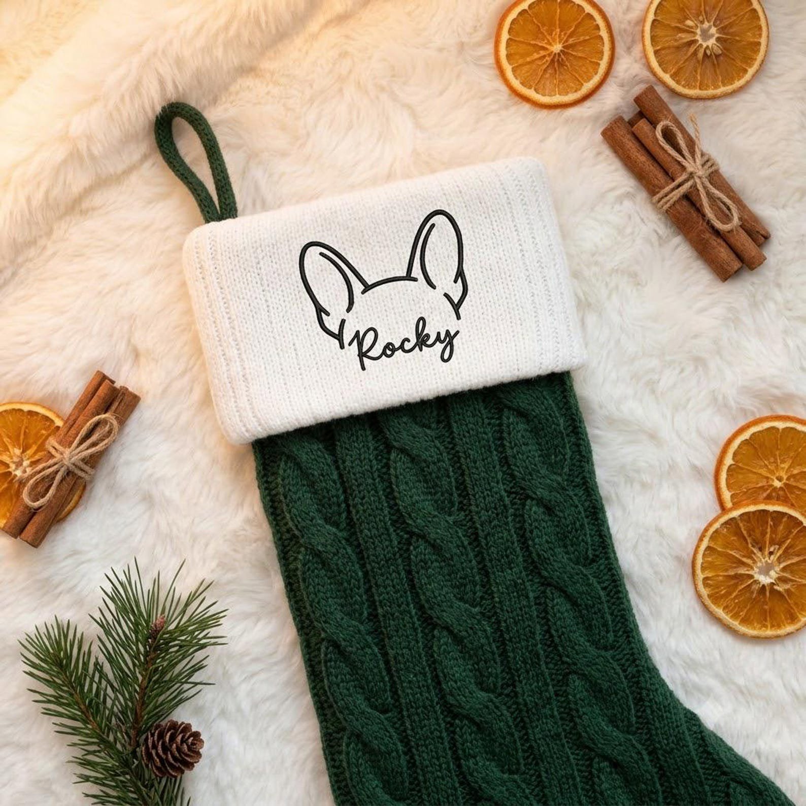 Embroidered Pet Christmas Stocking, Personalized Name with Dog or Cat Ear Outline, Custom Holiday Gift for Pet Owners and Families 2