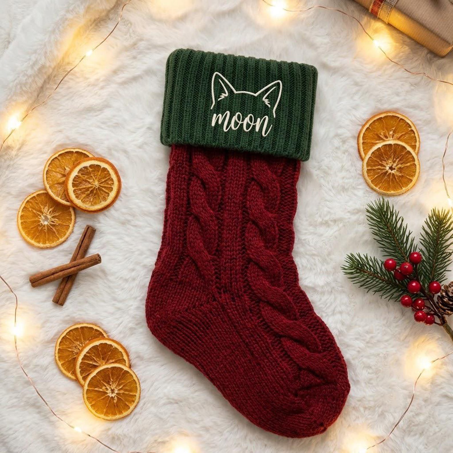 Embroidered Pet Christmas Stocking, Personalized Name with Dog or Cat Ear Outline, Custom Holiday Gift for Pet Owners and Families 3