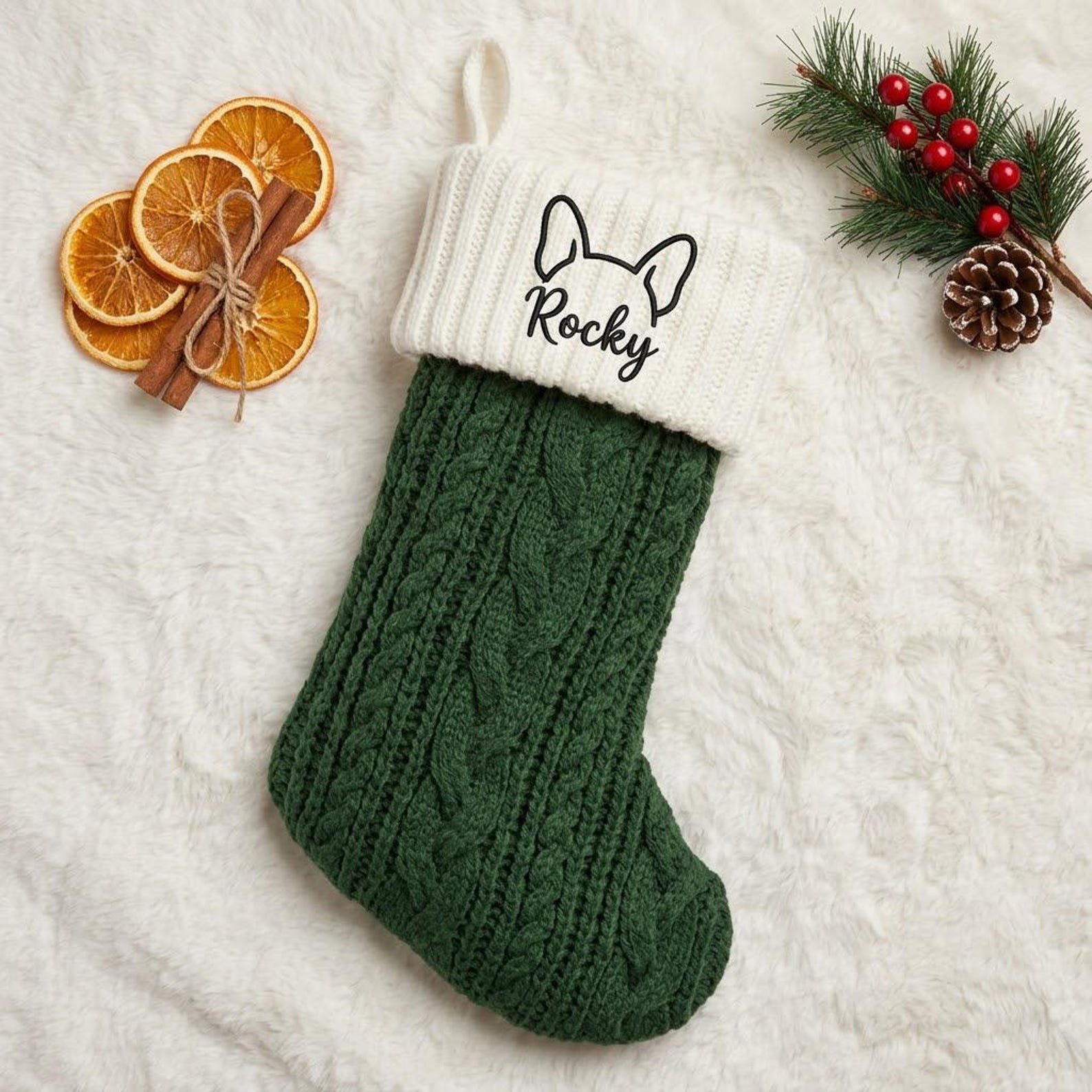 Embroidered Pet Christmas Stocking, Personalized Name with Dog or Cat Ear Outline, Custom Holiday Gift for Pet Owners and Families 4