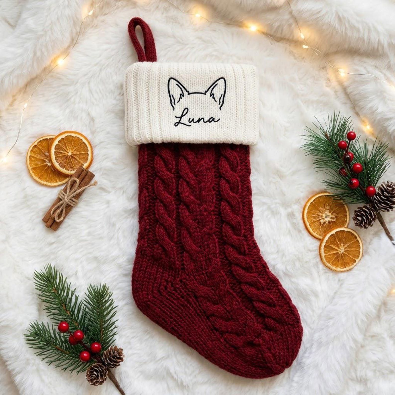Embroidered Pet Christmas Stocking, Personalized Name with Dog or Cat Ear Outline, Custom Holiday Gift for Pet Owners and Families 5