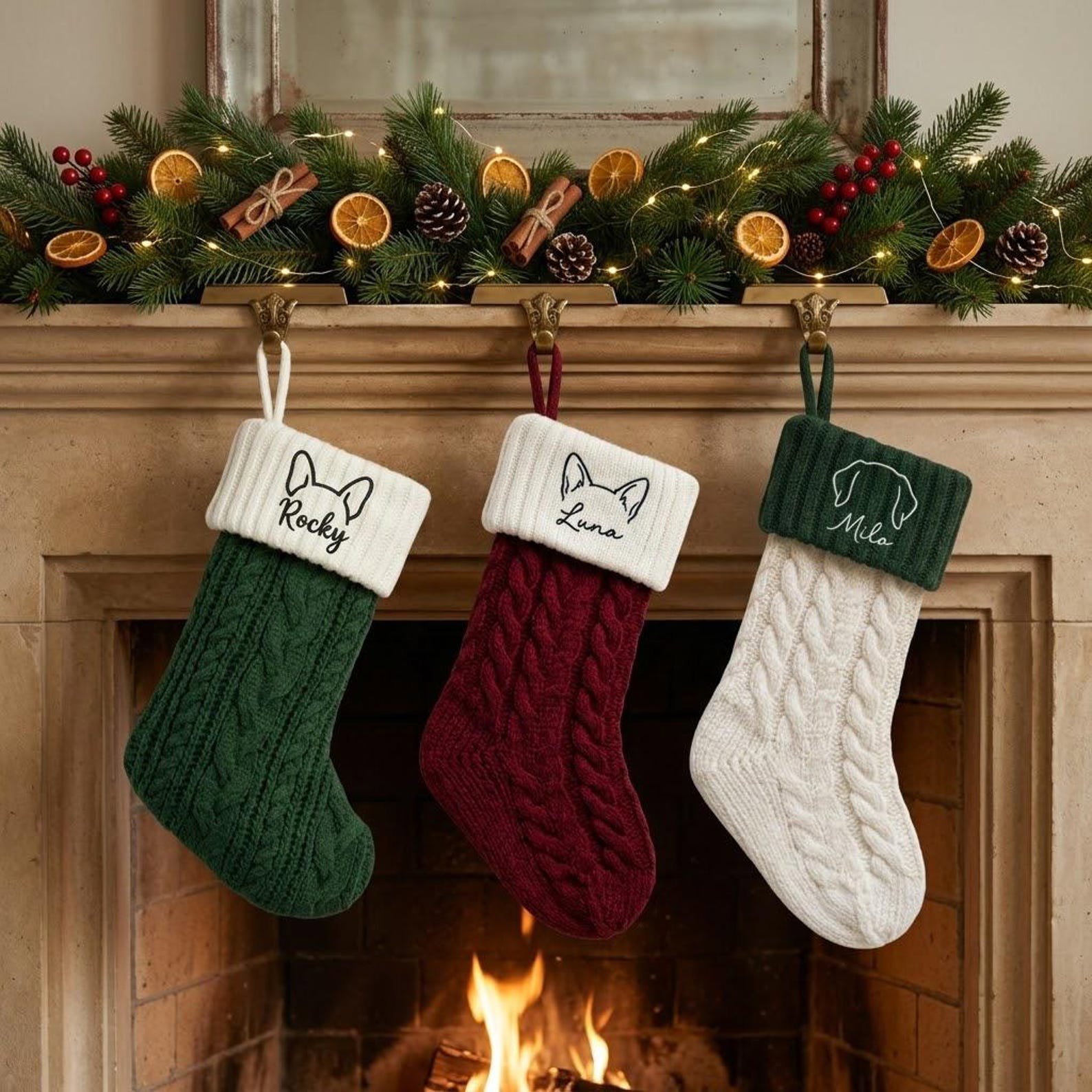 Embroidered Pet Christmas Stocking, Personalized Name with Dog or Cat Ear Outline, Custom Holiday Gift for Pet Owners and Families 6