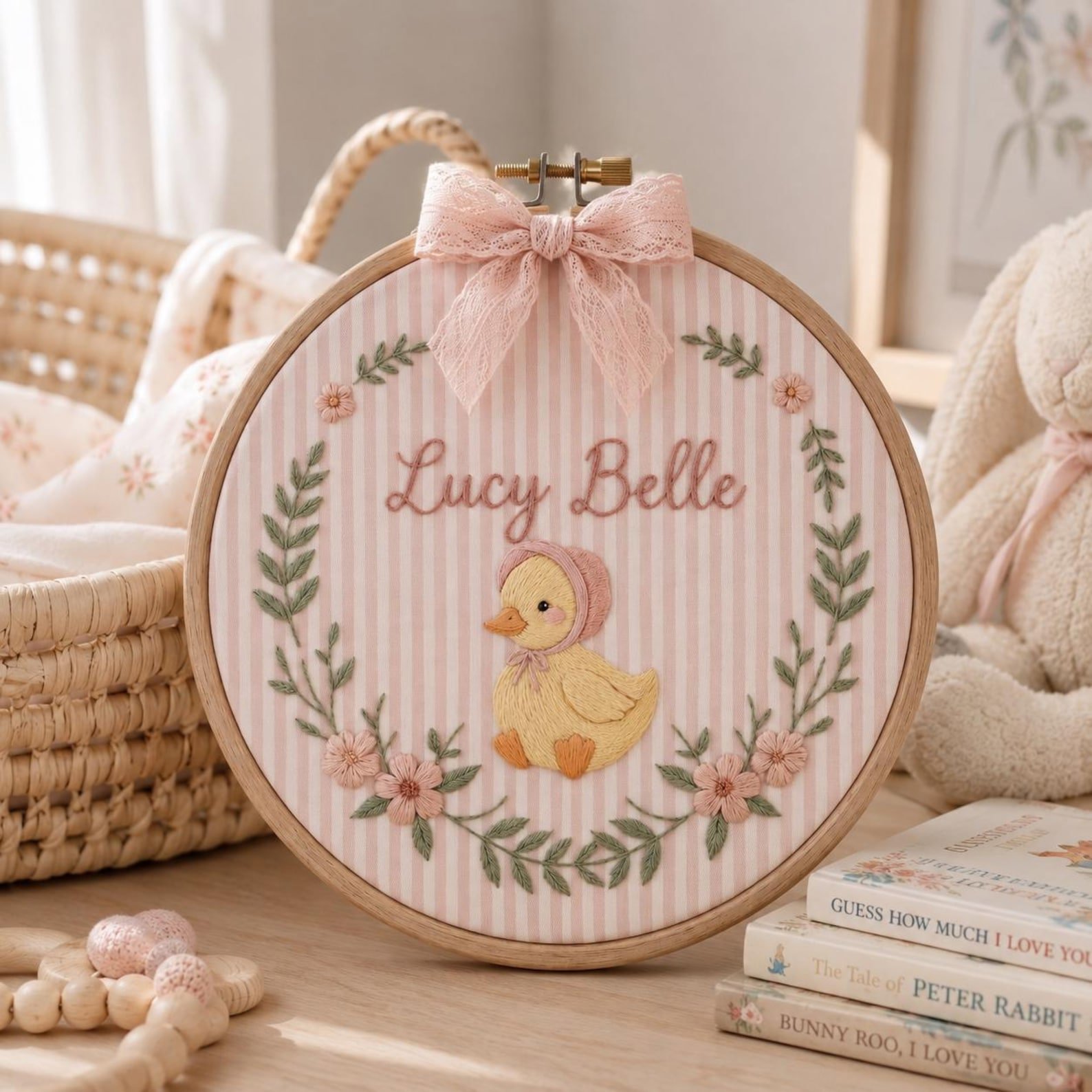 Personalized Embroidered Baby Hoop, Custom Duck Nursery Decor with Floral Wreath, Pink Striped Fabric and Sweet Newborn Name Keepsake Gift 1