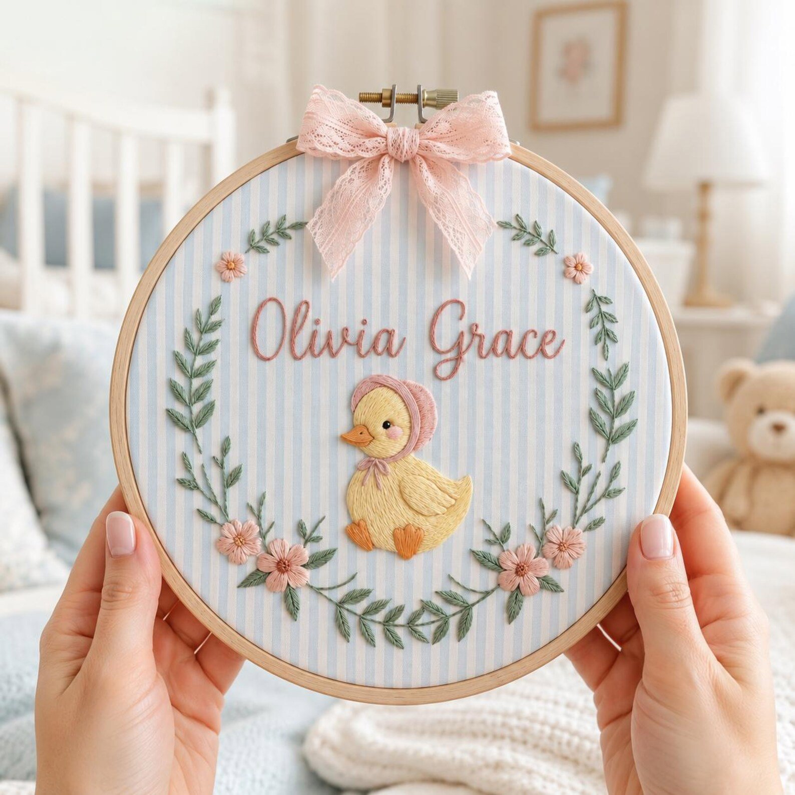 Personalized Embroidered Baby Hoop, Custom Duck Nursery Decor with Floral Wreath, Pink Striped Fabric and Sweet Newborn Name Keepsake Gift 3