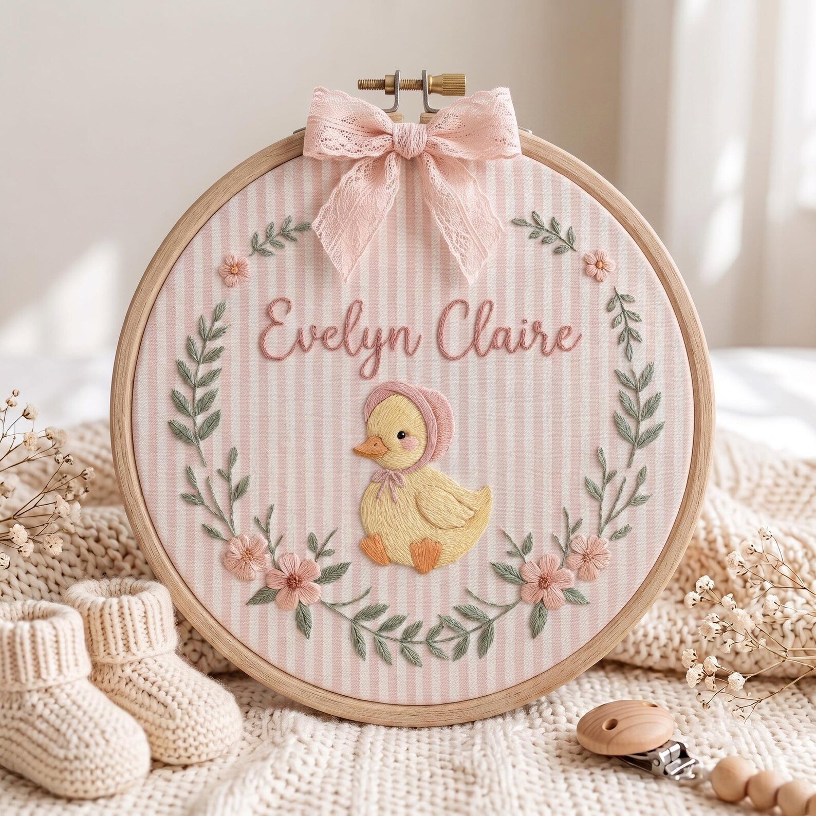 Personalized Embroidered Baby Hoop, Custom Duck Nursery Decor with Floral Wreath, Pink Striped Fabric and Sweet Newborn Name Keepsake Gift 2