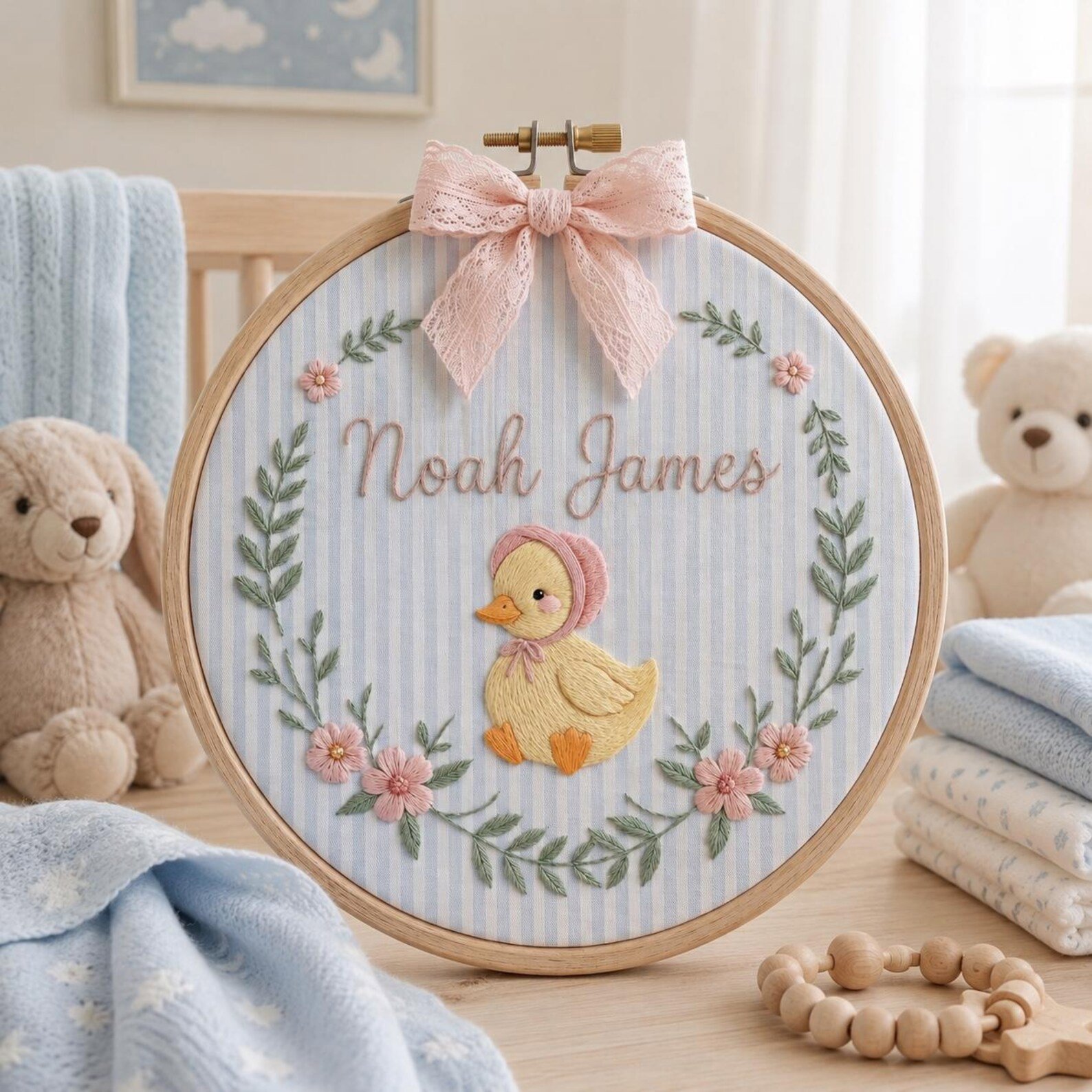 Personalized Embroidered Baby Hoop, Custom Duck Nursery Decor with Floral Wreath, Pink Striped Fabric and Sweet Newborn Name Keepsake Gift 4