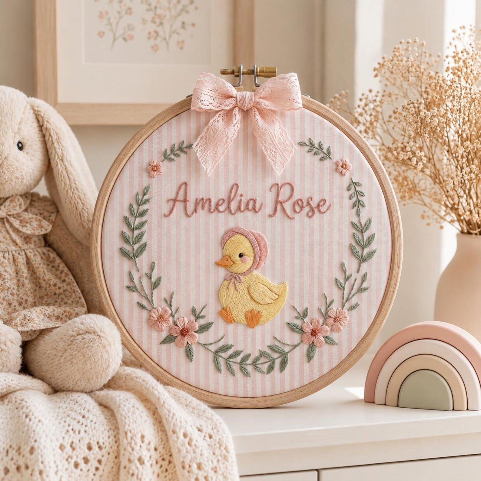 Personalized Embroidered Baby Hoop, Custom Duck Nursery Decor with Floral Wreath, Pink Striped Fabric and Sweet Newborn Name Keepsake Gift 5