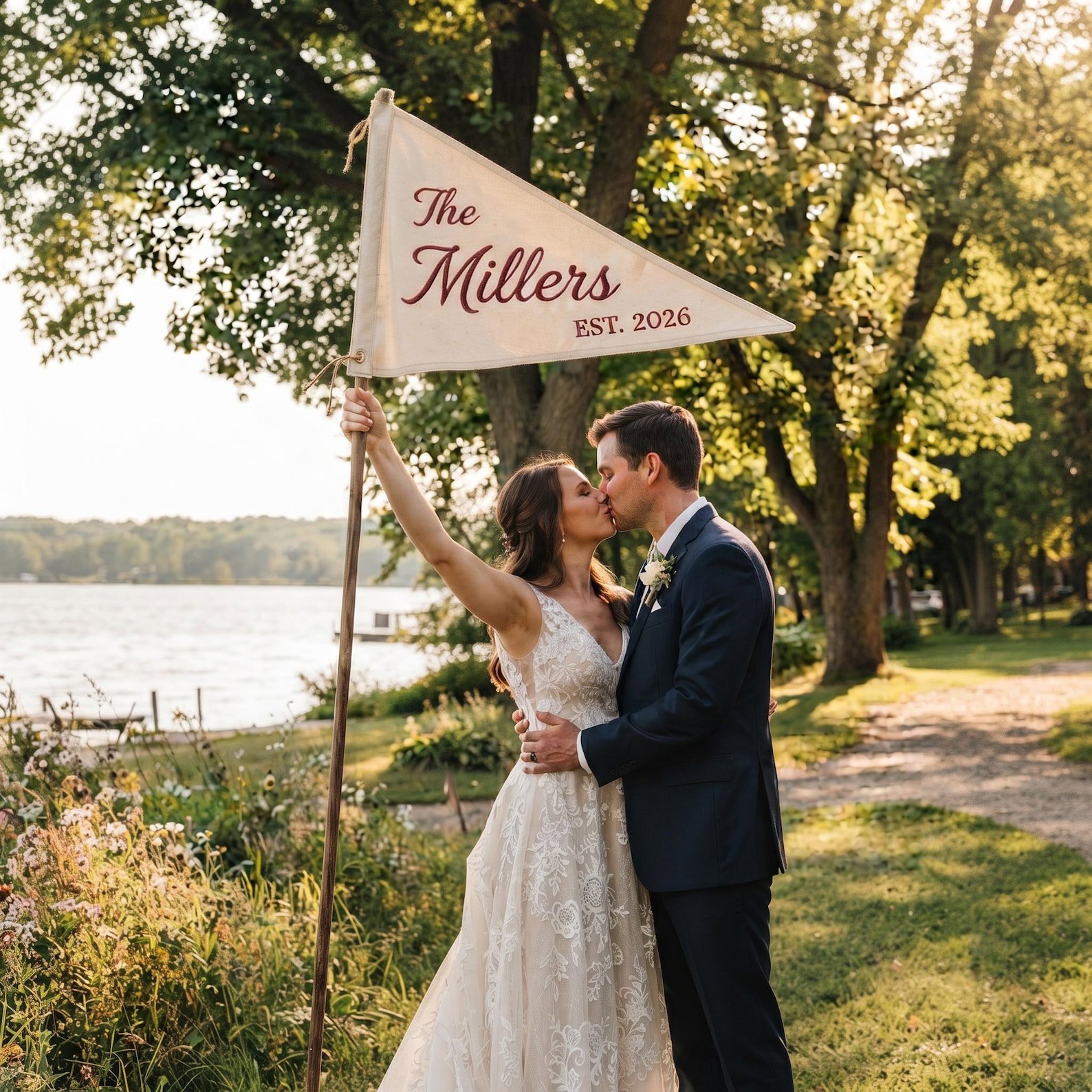 Custom Embroidered Golf Wedding Pennant, Wedding Established Pennant, Custom Last Name Pennant Flag, Wedding Sign Embroidered 1