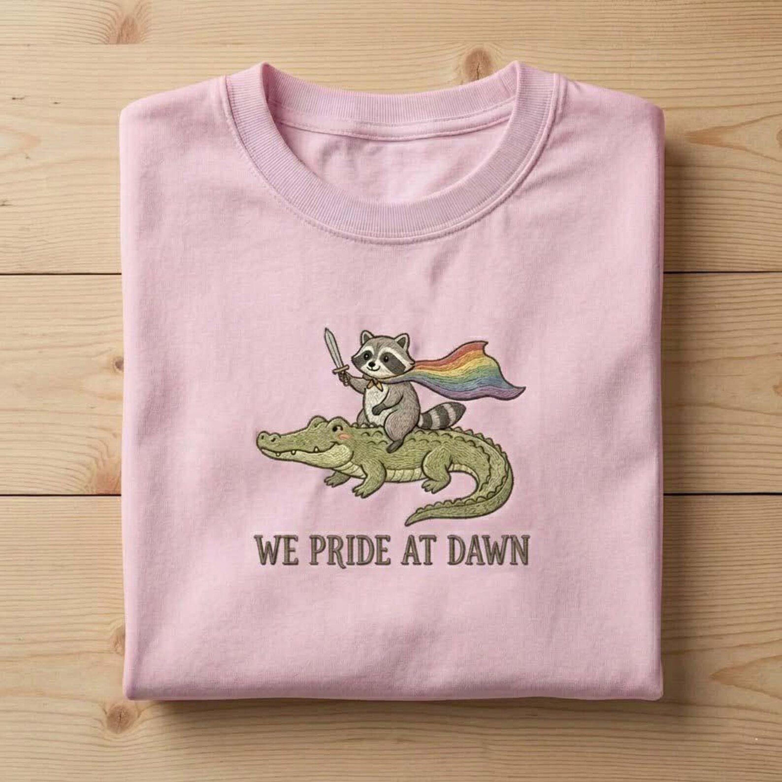 Cute Rainbow Animal Pride Shirt, We Pride At Dawn Tee, Funny LGBTQ Raccoon Embroidery Shirt 2