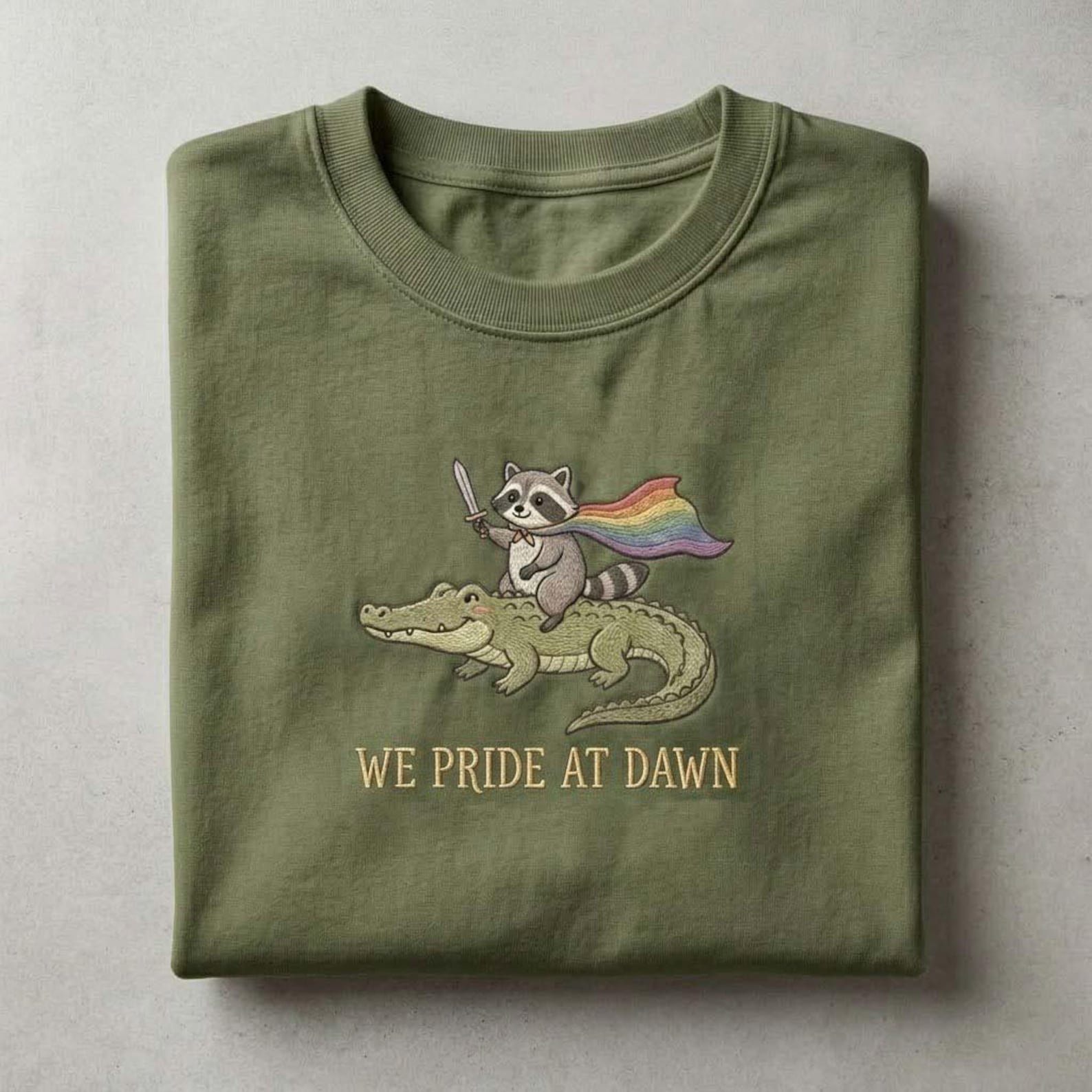 Cute Rainbow Animal Pride Shirt, We Pride At Dawn Tee, Funny LGBTQ Raccoon Embroidery Shirt 1