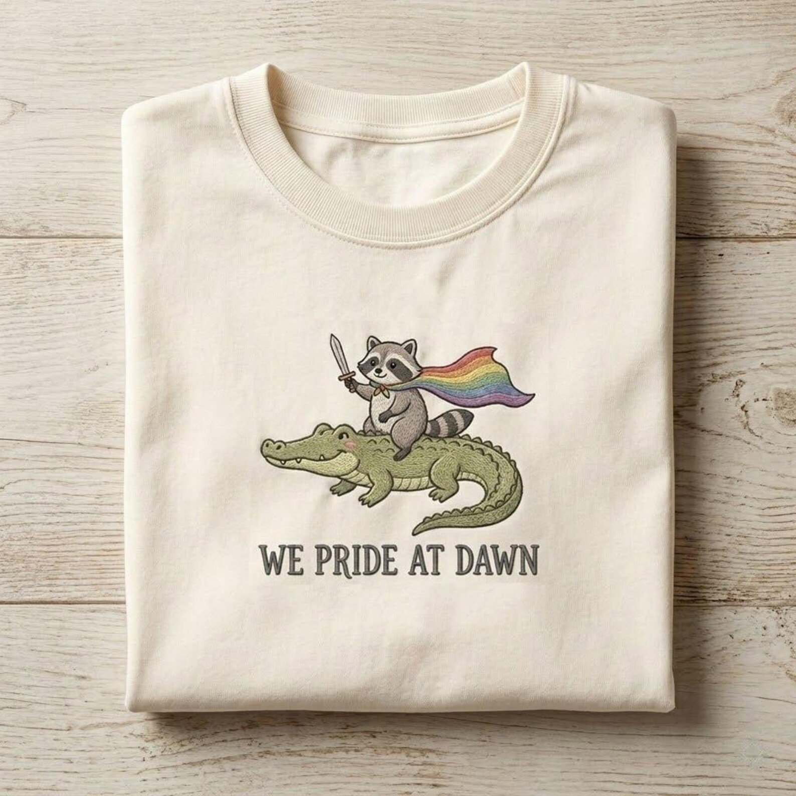 Cute Rainbow Animal Pride Shirt, We Pride At Dawn Tee, Funny LGBTQ Raccoon Embroidery Shirt 3