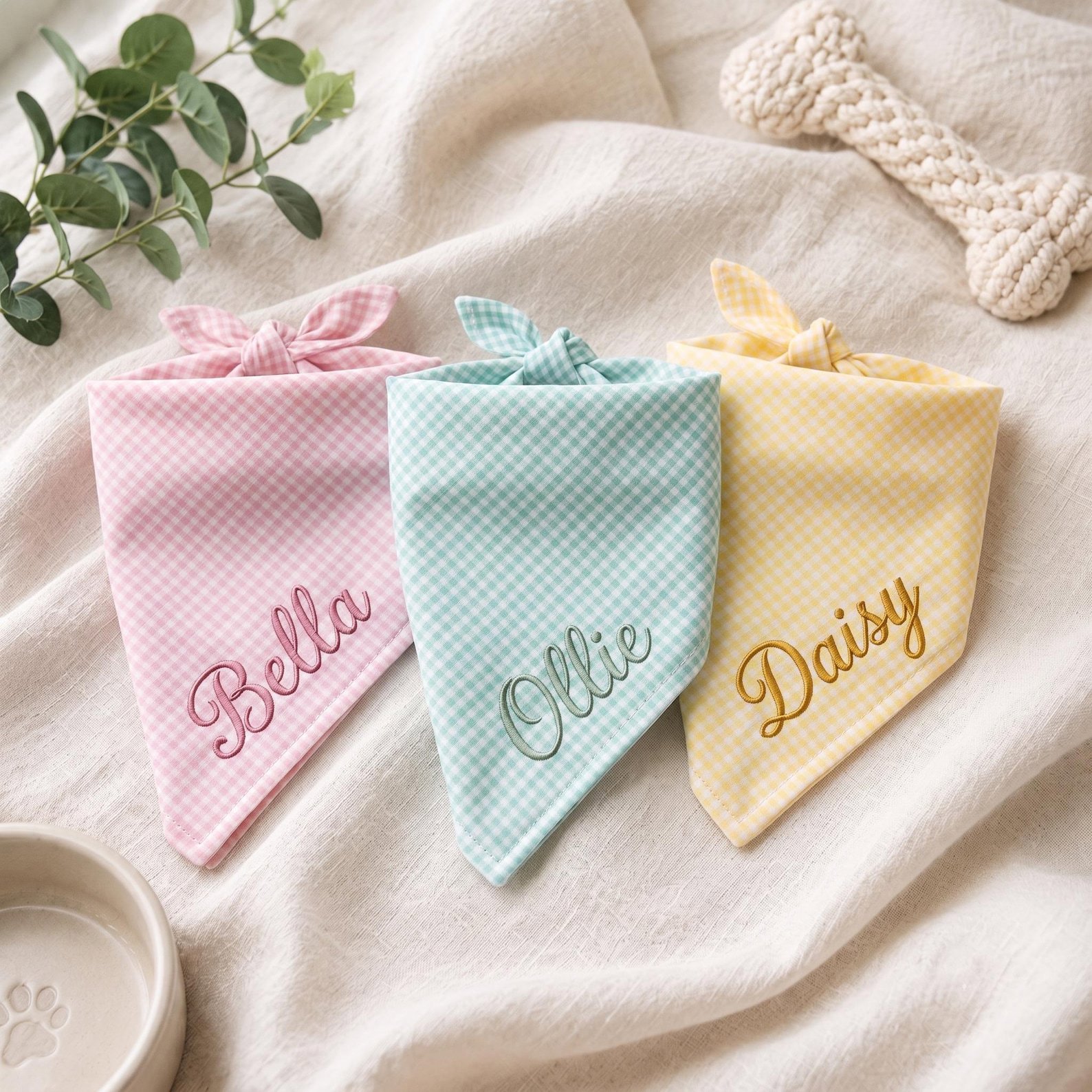 Custom Dog Bandana Embroidered Pet Name Dog Scarf, Pastel Gingham Puppy Bandana, Cute Dog Collar Gift For Pet Mom, Pet Lover Gift 1