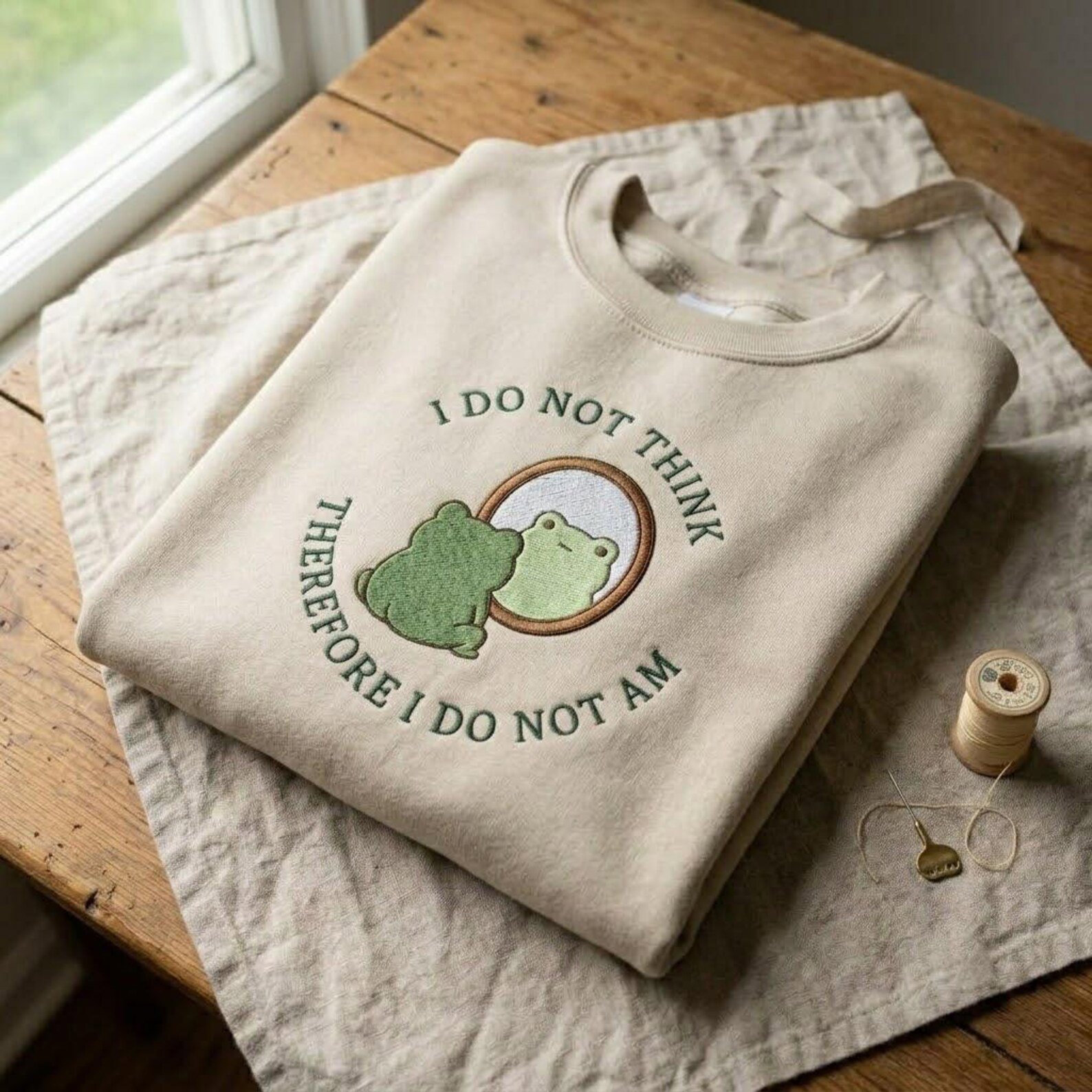 Frog Meme Sweatshirt, Embroidered Mirror Frog Crewneck, Funny Philosophical Quote Gift for Weird Animal Lovers 3