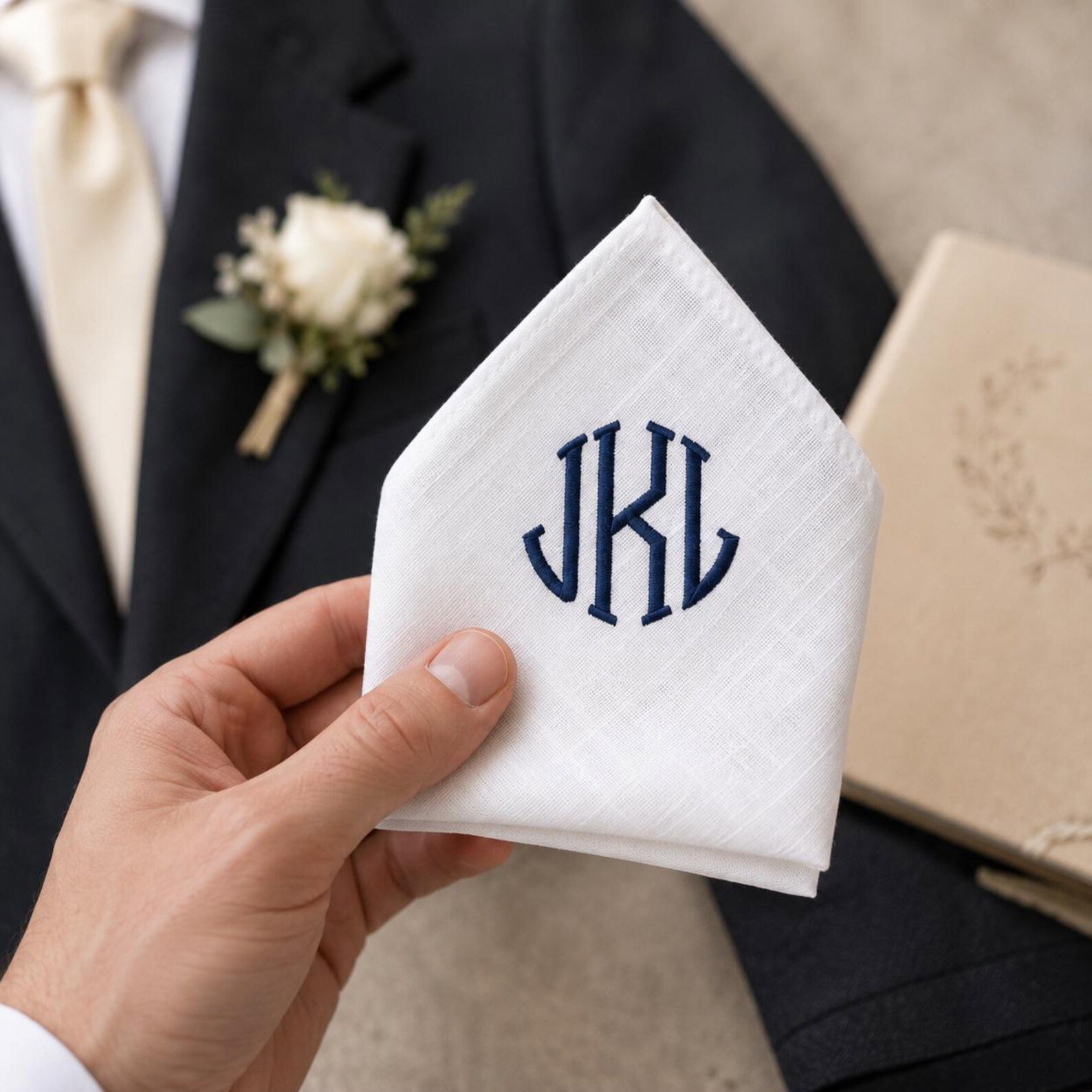 Personalized Monogram Pocket Square, Groom Gift, Groomsmen Gift, Custom Embroidered Wedding Handkerchief, Father of Bride Gift 3