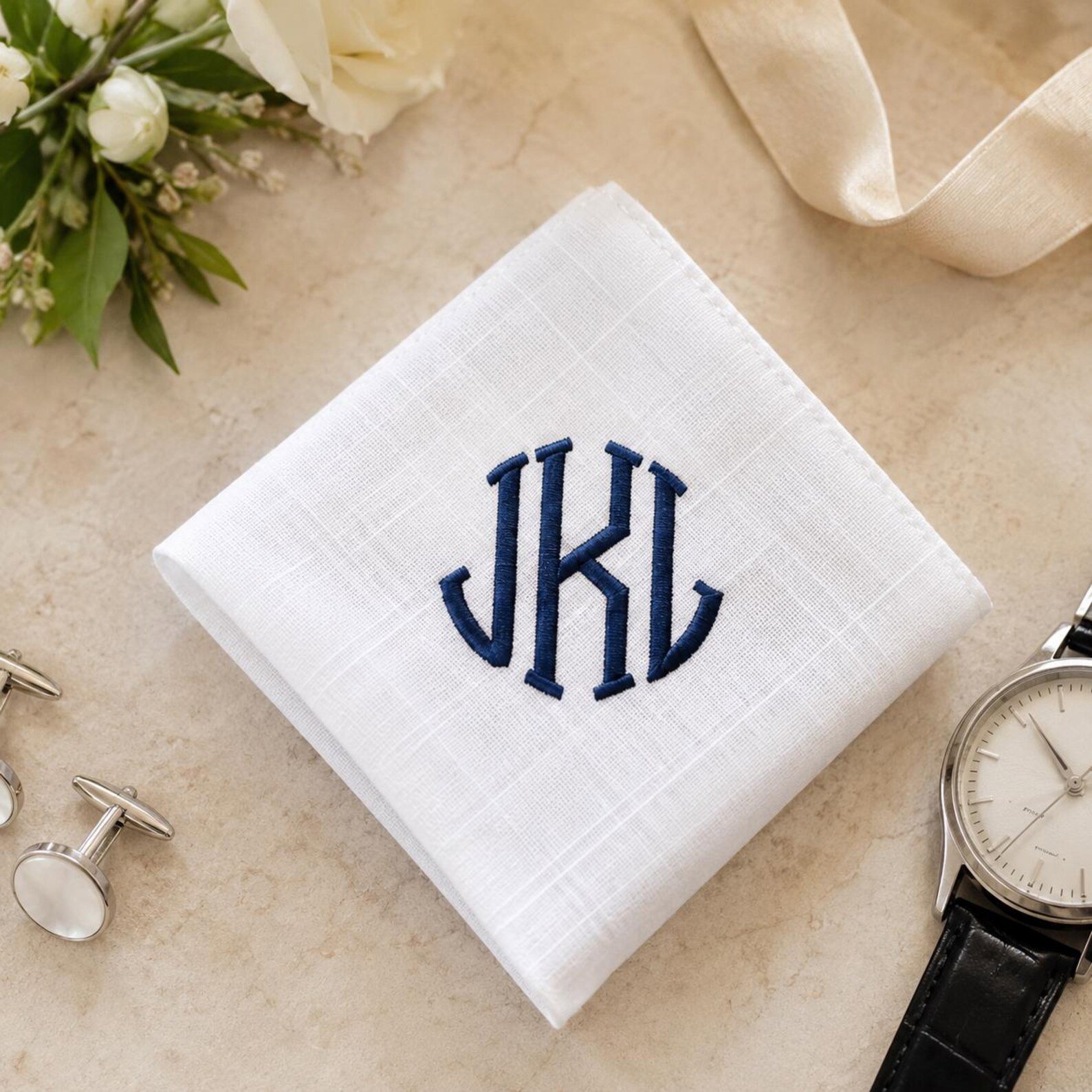 Personalized Monogram Pocket Square, Groom Gift, Groomsmen Gift, Custom Embroidered Wedding Handkerchief, Father of Bride Gift 1