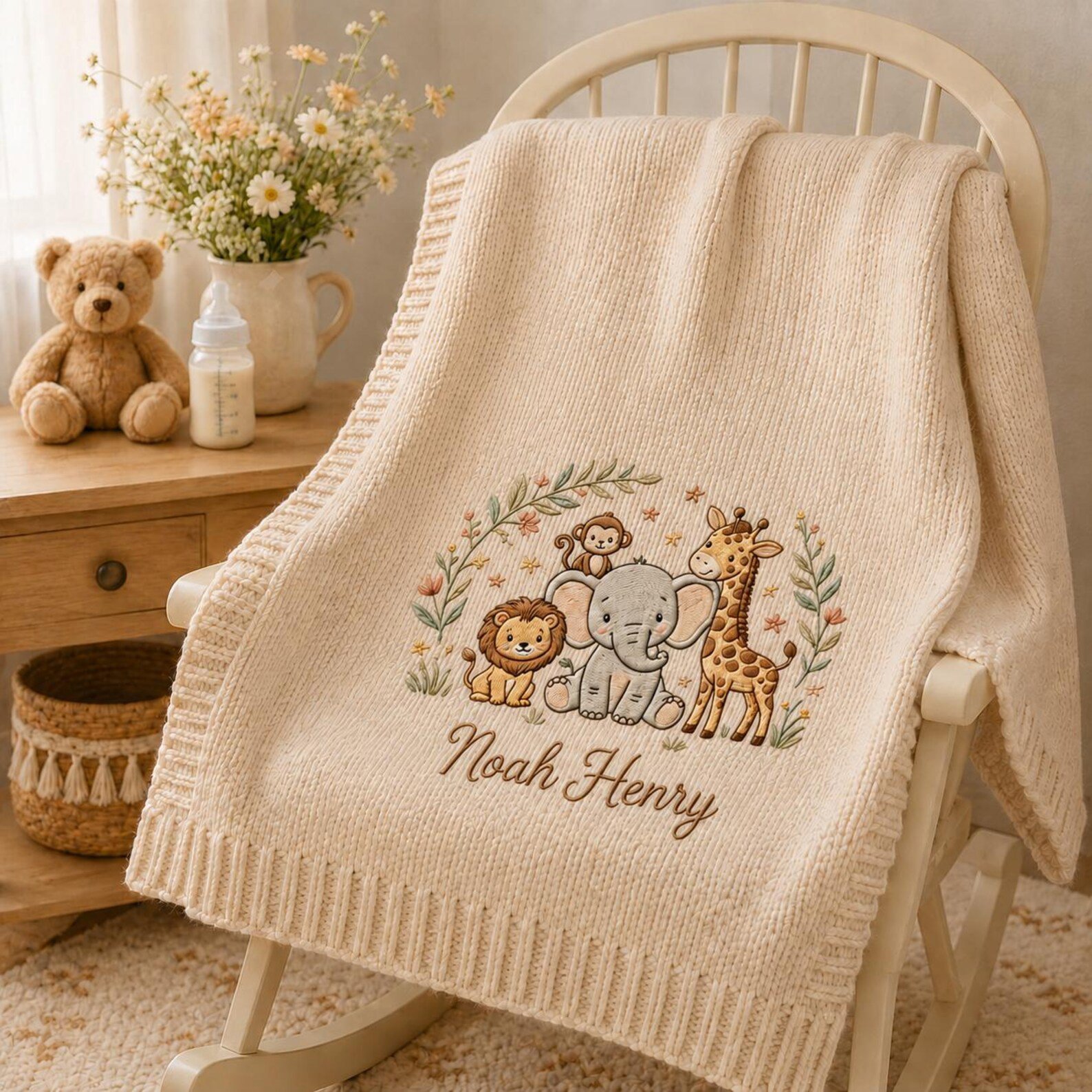 Custom Baby Name Blanket, Embroidered Safari Animals Knit Blanket for Newborn, Personalized Baby Shower Gift, Cozy Nursery Keepsake 3