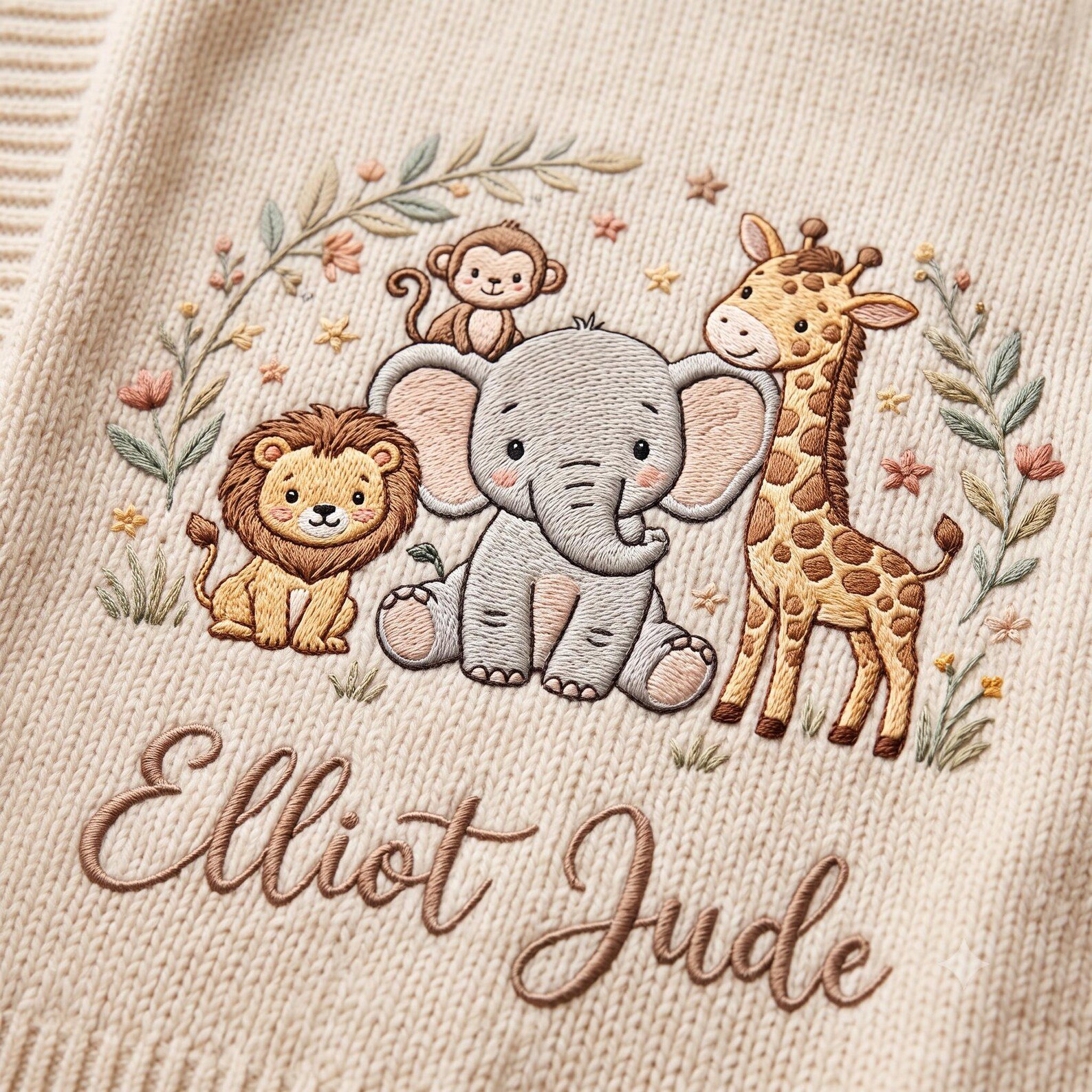 Custom Baby Name Blanket, Embroidered Safari Animals Knit Blanket for Newborn, Personalized Baby Shower Gift, Cozy Nursery Keepsake 2