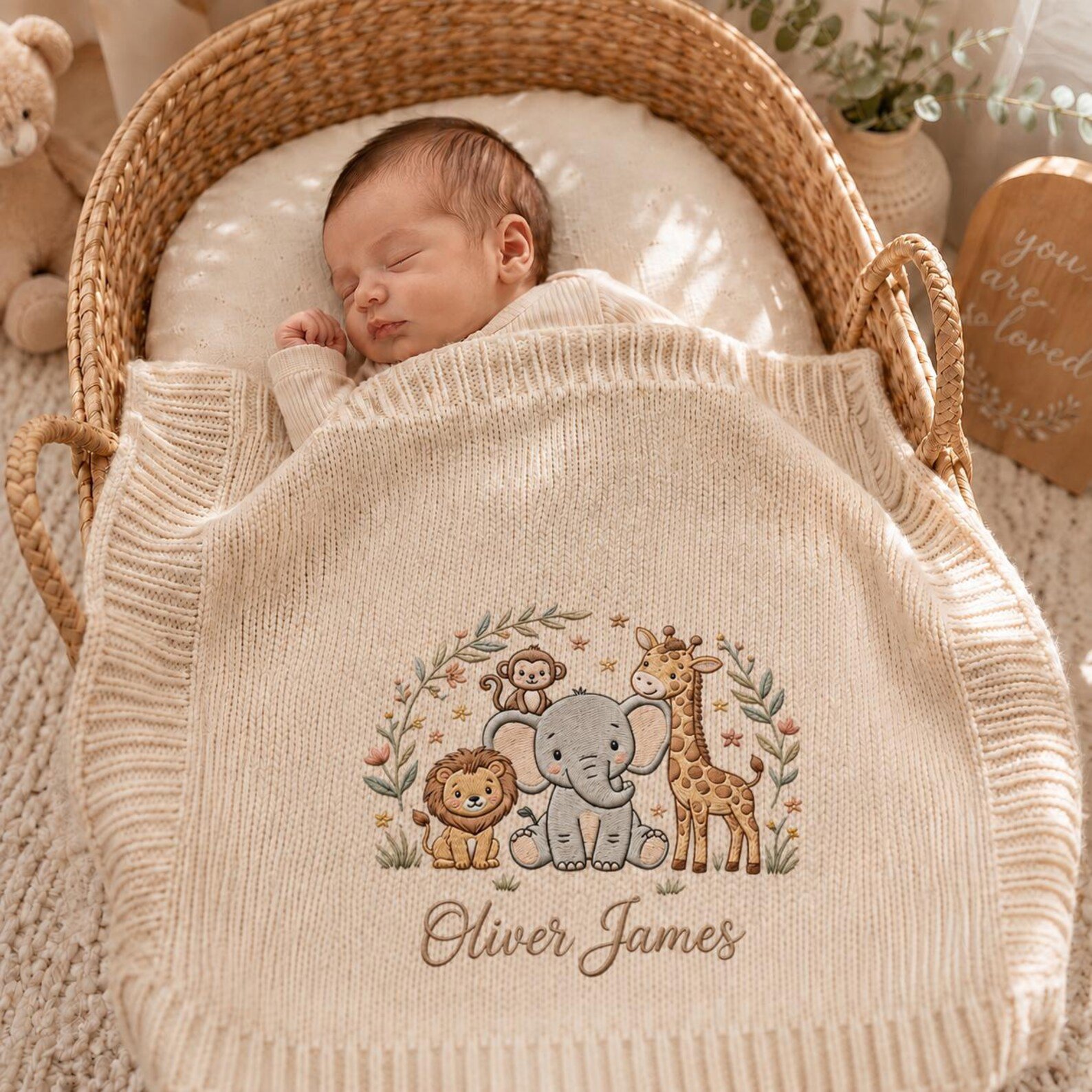 Custom Baby Name Blanket, Embroidered Safari Animals Knit Blanket for Newborn, Personalized Baby Shower Gift, Cozy Nursery Keepsake 1
