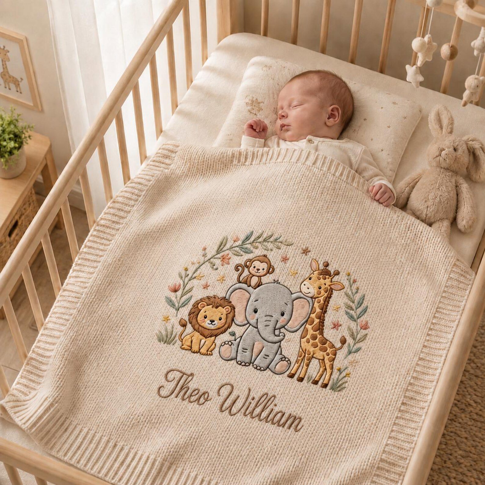 Custom Baby Name Blanket, Embroidered Safari Animals Knit Blanket for Newborn, Personalized Baby Shower Gift, Cozy Nursery Keepsake 4
