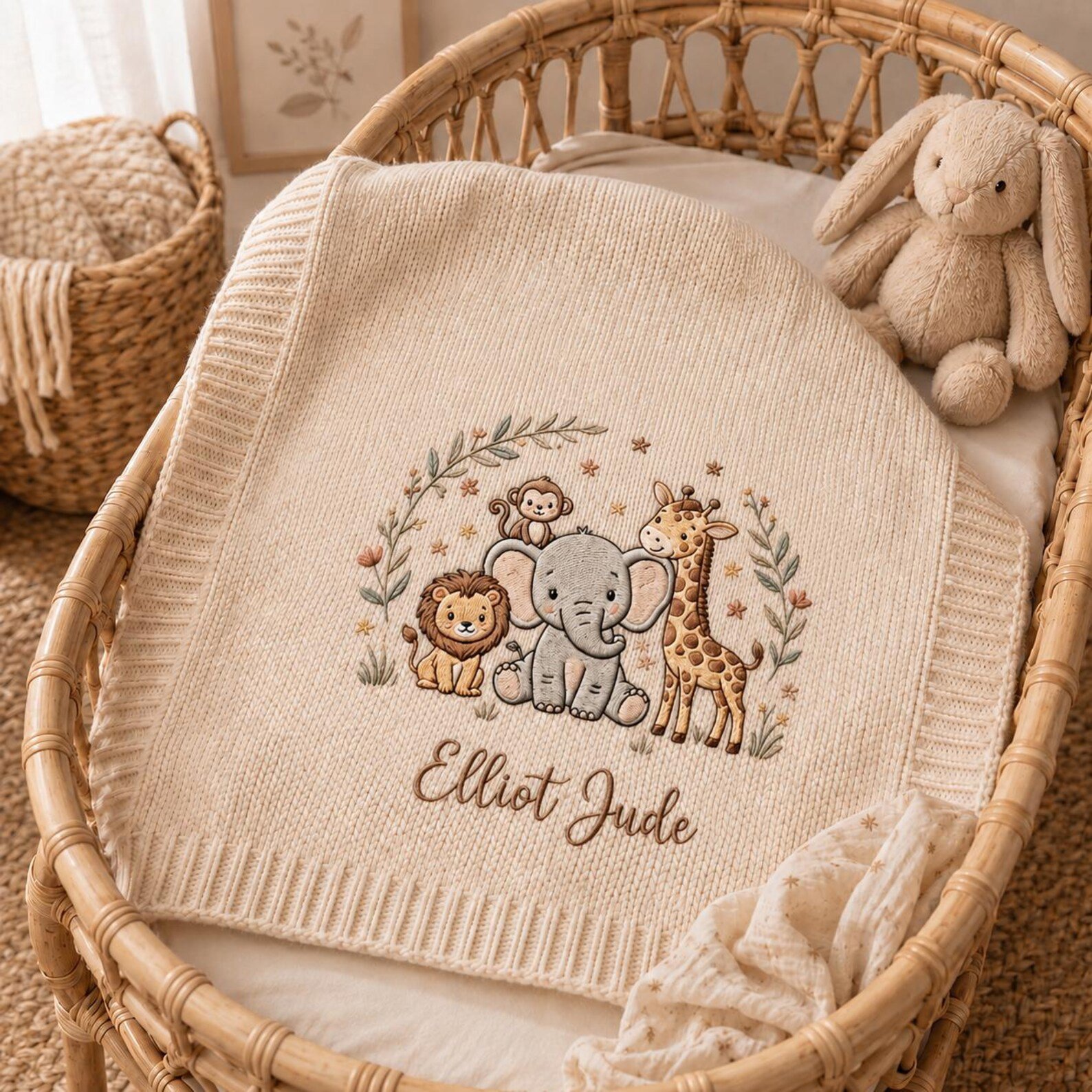 Custom Baby Name Blanket, Embroidered Safari Animals Knit Blanket for Newborn, Personalized Baby Shower Gift, Cozy Nursery Keepsake 5