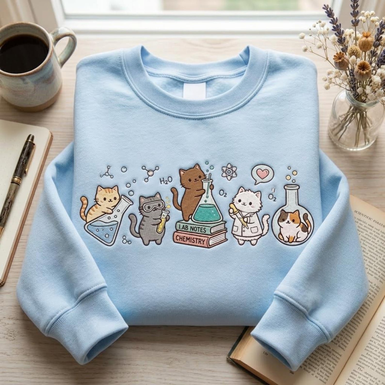 Embroidered Chemistry Cats Sweatshirt, Funny Laboratory Cat Shirt, Funny Science Teacher Shirt, Cat Lover Tee, STEM Student Gift Shirt 1